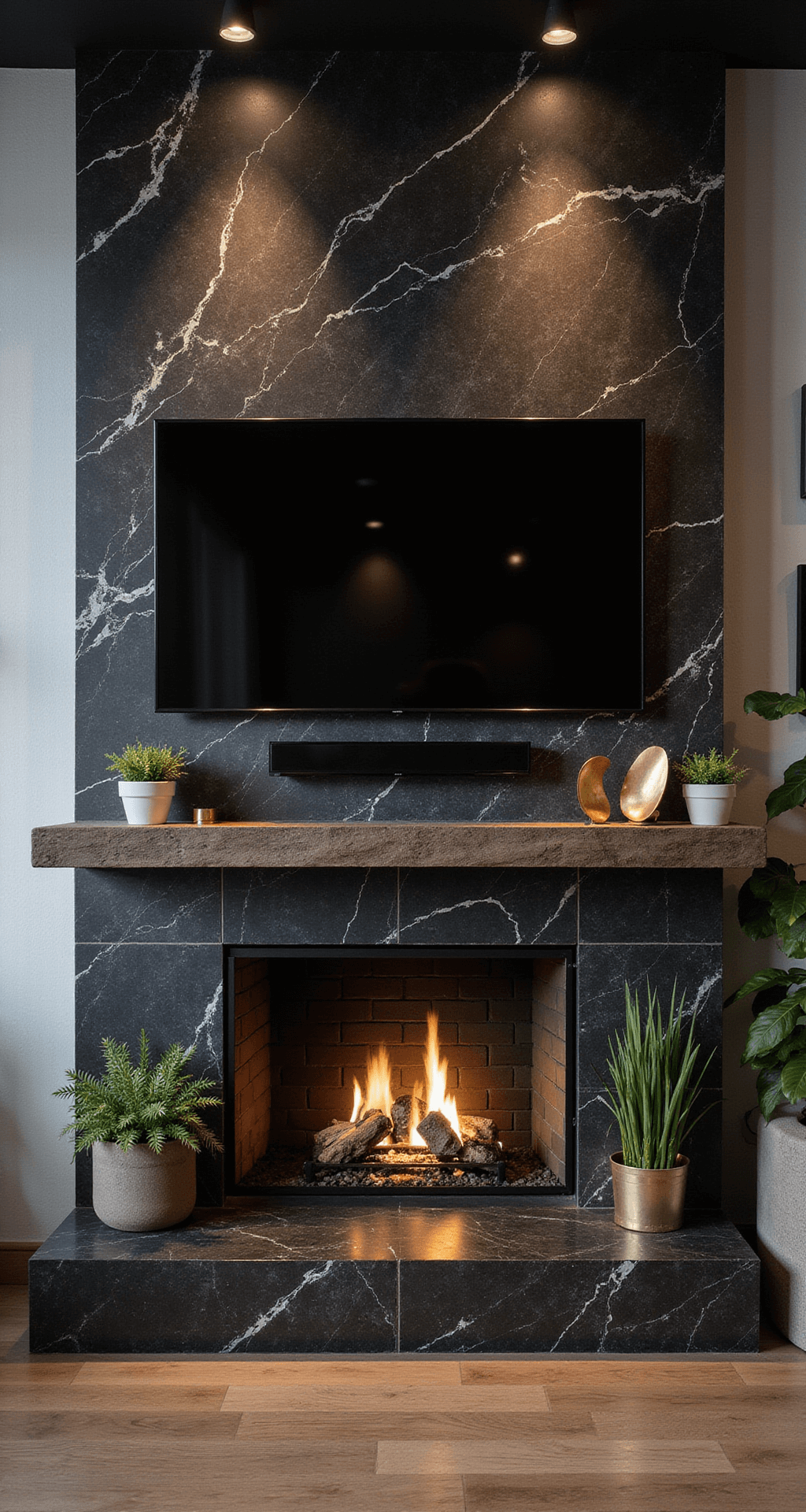 Moody industrial loft with black marble fireplace, raw steel mantle, large TV, geometric brass sculptures, black and white photography, snake and air plants, uplighting, and LED ambient glow.