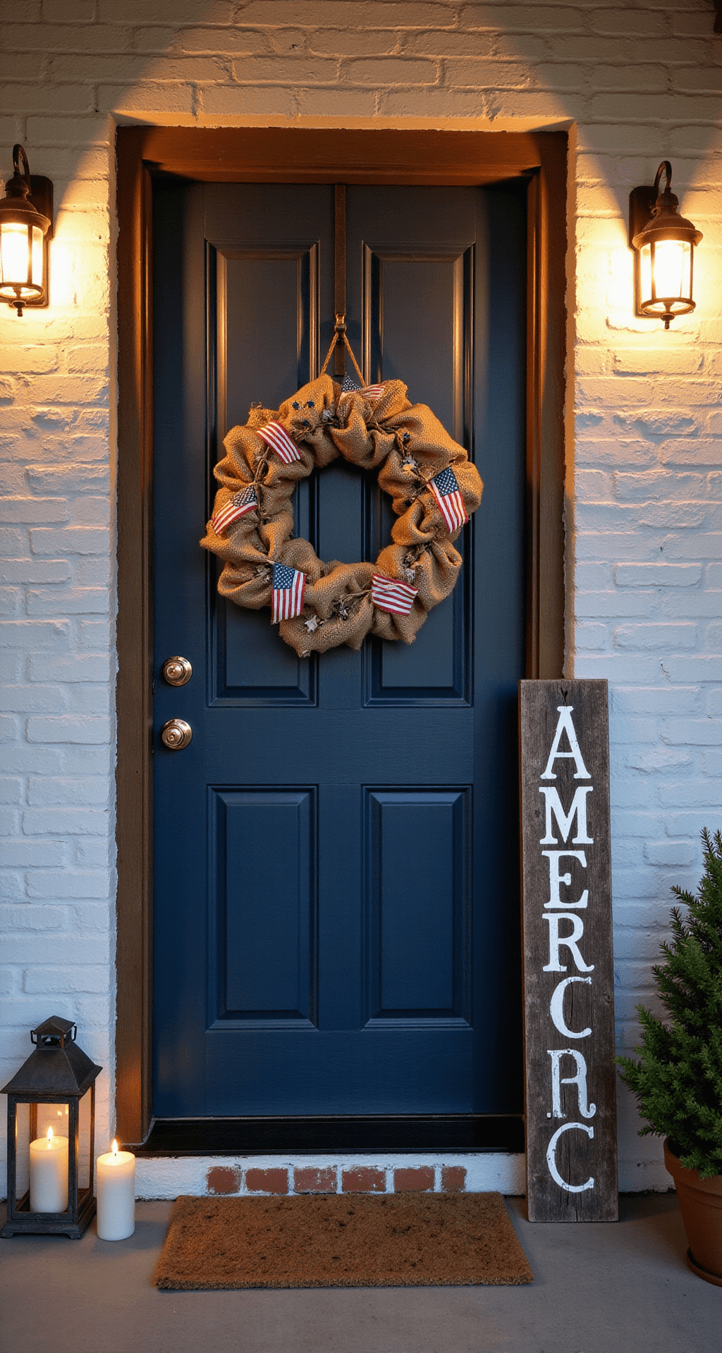 Intimate farmhouse front door at dusk featuring a tall navy door with a burlap wreath, galvanized lanterns, a distressed 'America' sign, and string lights creating a bokeh effect.