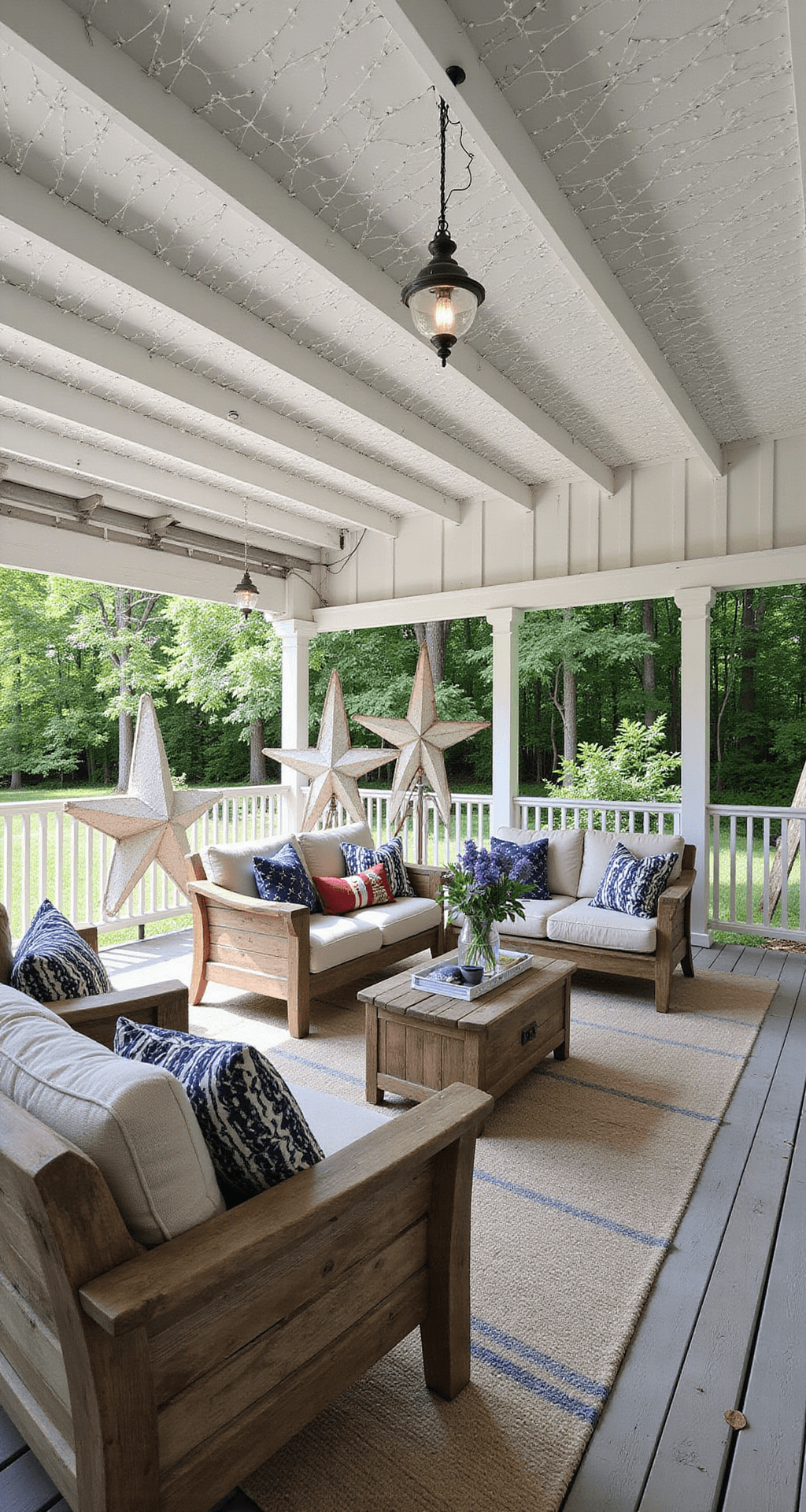 A spacious craftsman-style covered patio featuring weathered teak furniture with patriotic pillows, draped white string lights, and navy/white striped fabric swags, illuminated by natural light filtering through pergola slats, with rustic oversized wooden stars in the corners.