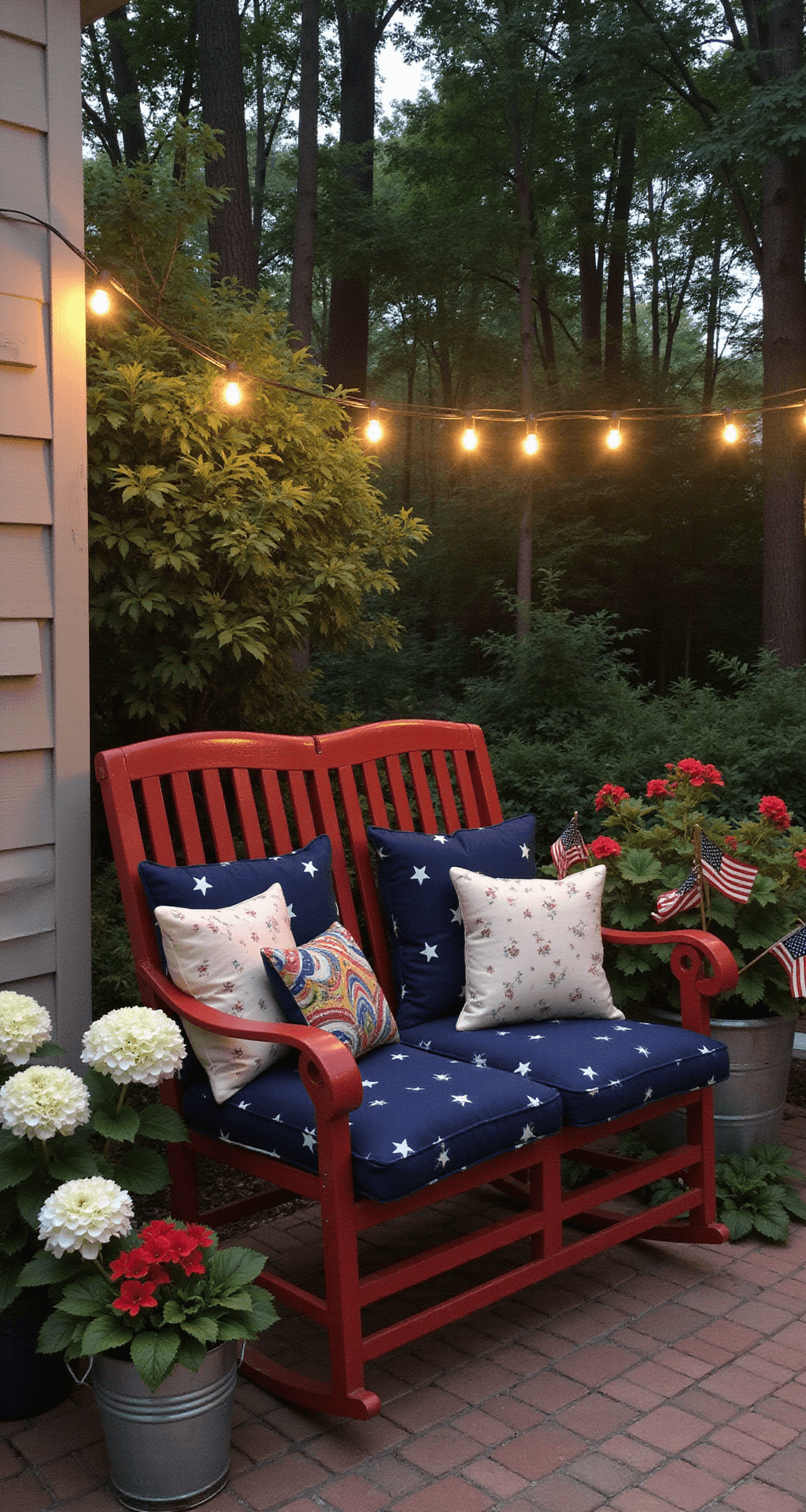 Intimate garden seating nook at twilight featuring a vintage red metal glider with navy star-patterned cushions, surrounded by white hydrangeas and red geraniums, with an antique bucket holding small American flags, all illuminated by strung market lights.