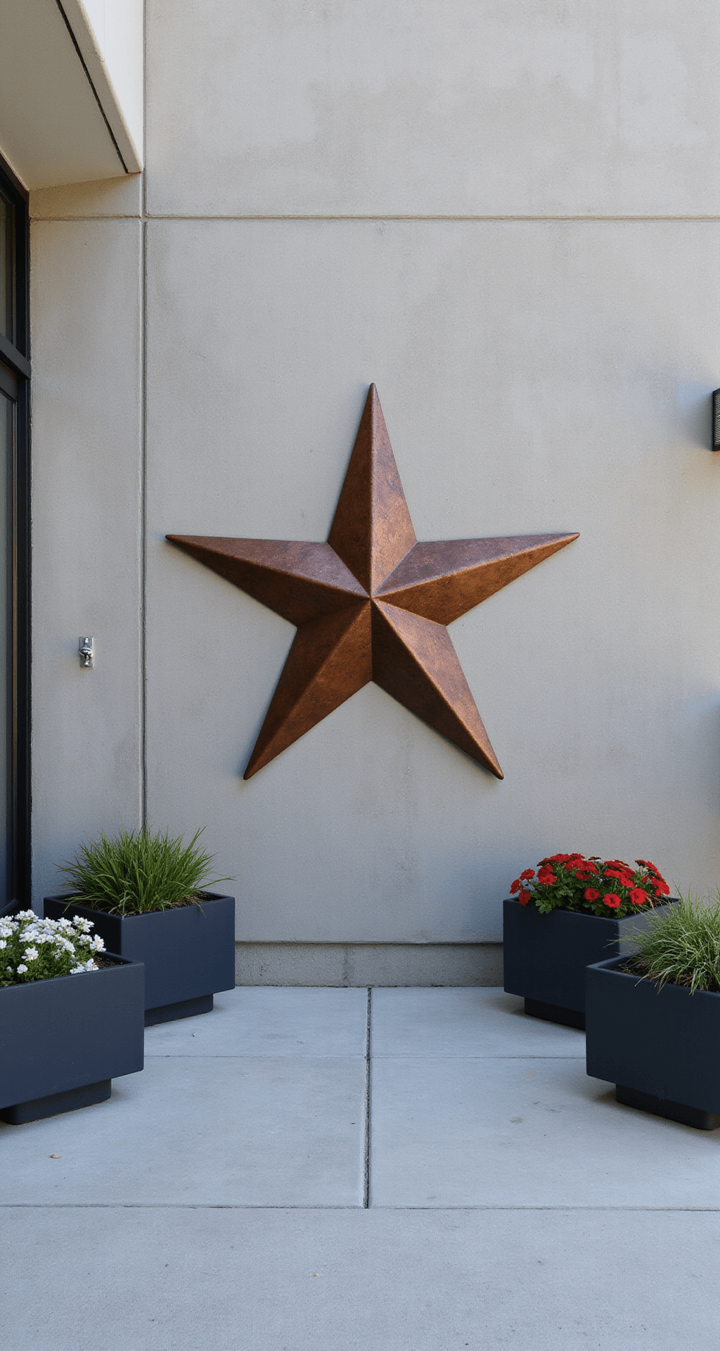 Modern minimalist courtyard featuring a 12ft concrete wall with a 5ft weathered copper metal star sculpture, geometric navy planters with red and white flowers, and prepared LED uplighting, shot straight-on to highlight geometric composition and shadows.