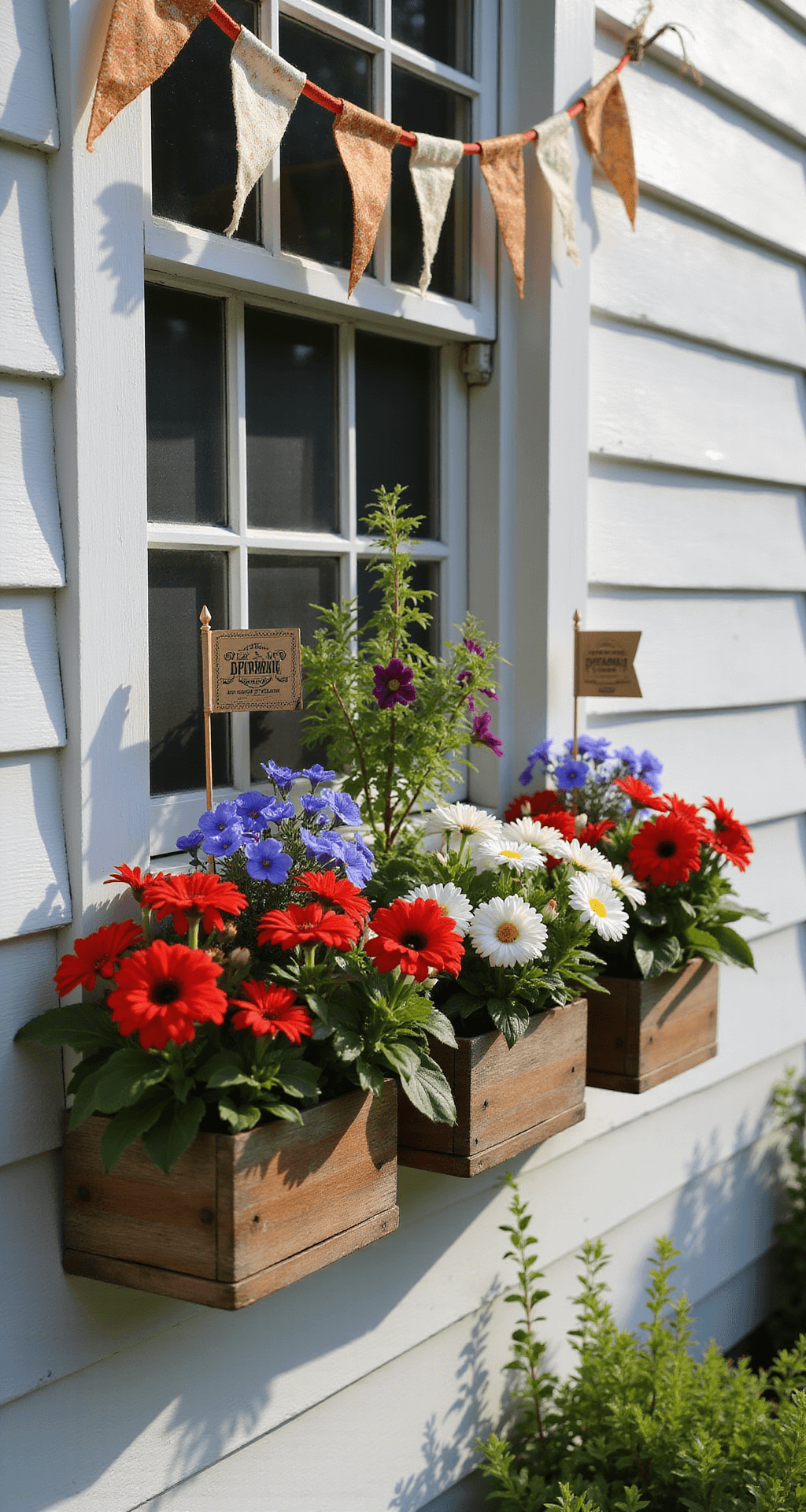 Cozy cottage window box overflowing with red verbena, white petunias, and blue lobelia, illuminated by morning light, with vintage bunting above and mini flags among the flowers, set against white clapboard siding, capturing dew drops on petals.