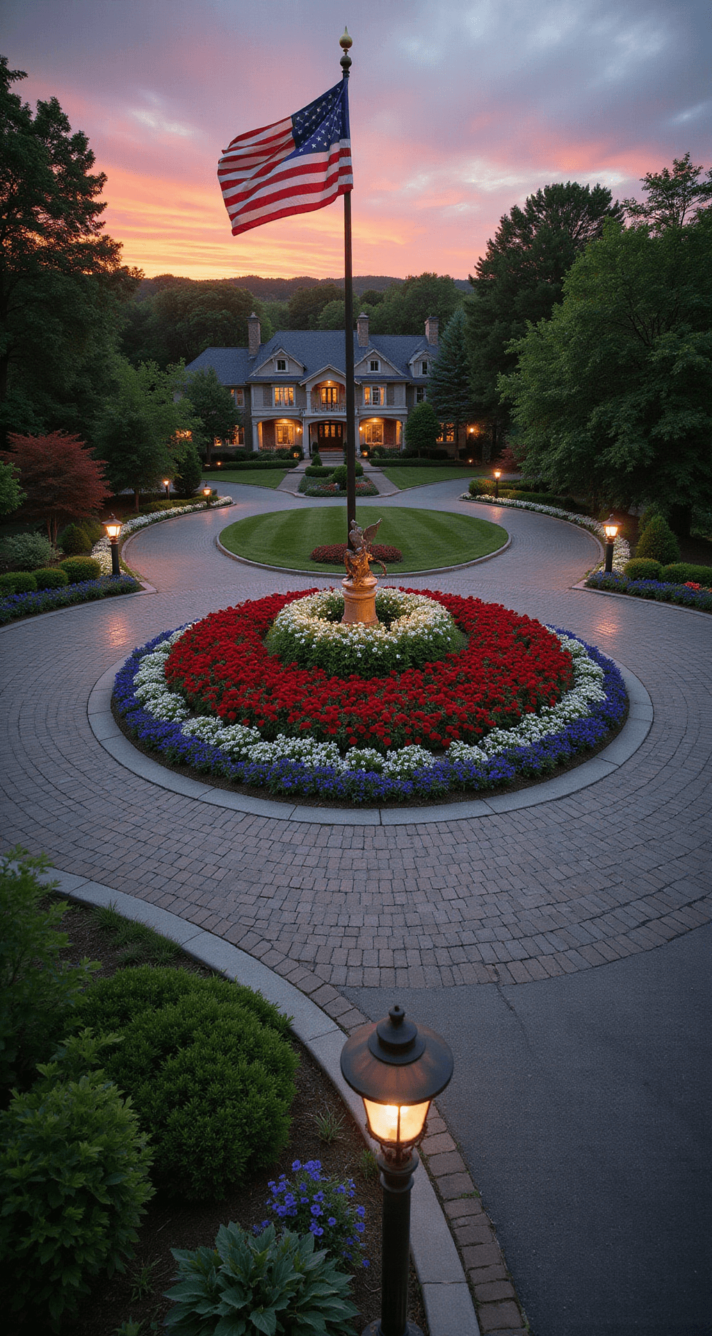 Aerial view of a grand estate's circular driveway at sunset, featuring a central flagpole with an illuminated American flag, surrounded by vibrant beds of red knockout roses, white cosmos, and blue salvia, with antique copper lanterns lining the curved driveway.