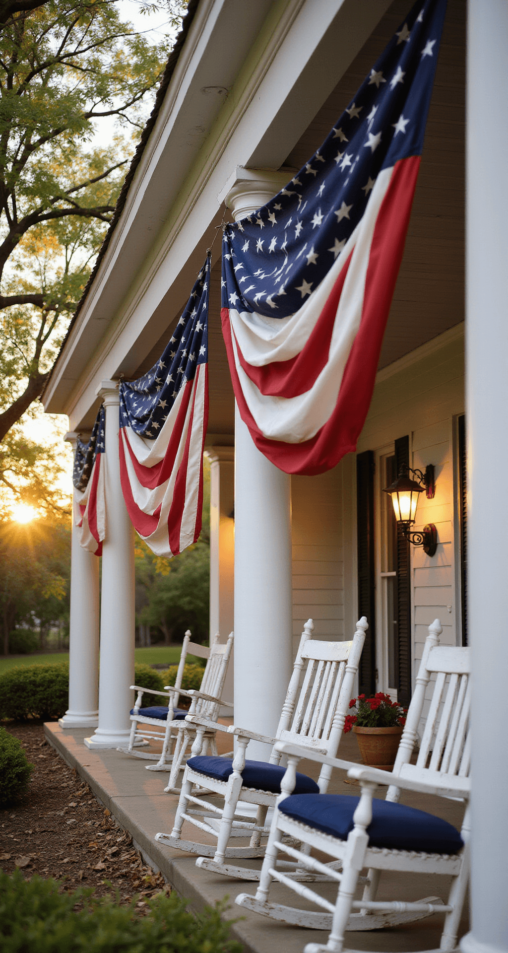 A scenic view of a spacious front porch at golden hour, showcasing classic American bunting draped across white colonial pillars. Natural sunlight filters through oak trees, creating dappled shadows on the porch, while weathered rocking chairs with navy cushions complete the inviting atmosphere.