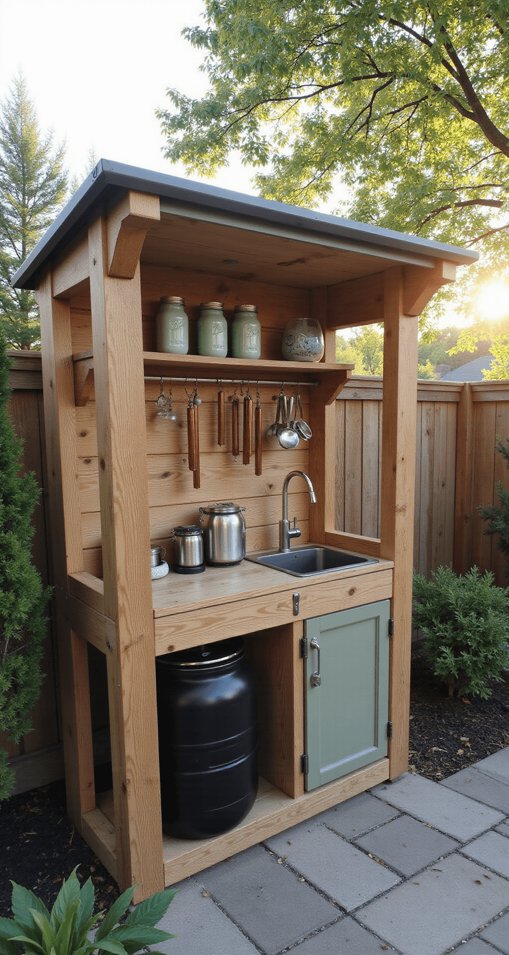 A charming mud kitchen in a manicured backyard, featuring a custom cedar structure with a metal roof and built-in sink connected to a rain barrel. Captured during golden hour, sunlight filters through a pergola, illuminating the area with dappled light. The modern farmhouse design includes chalk-painted mason jars for utensils, copper wind chimes, and a neutral palette of warm woods and sage green accents, all set on natural stone pavers that define the play zone.
