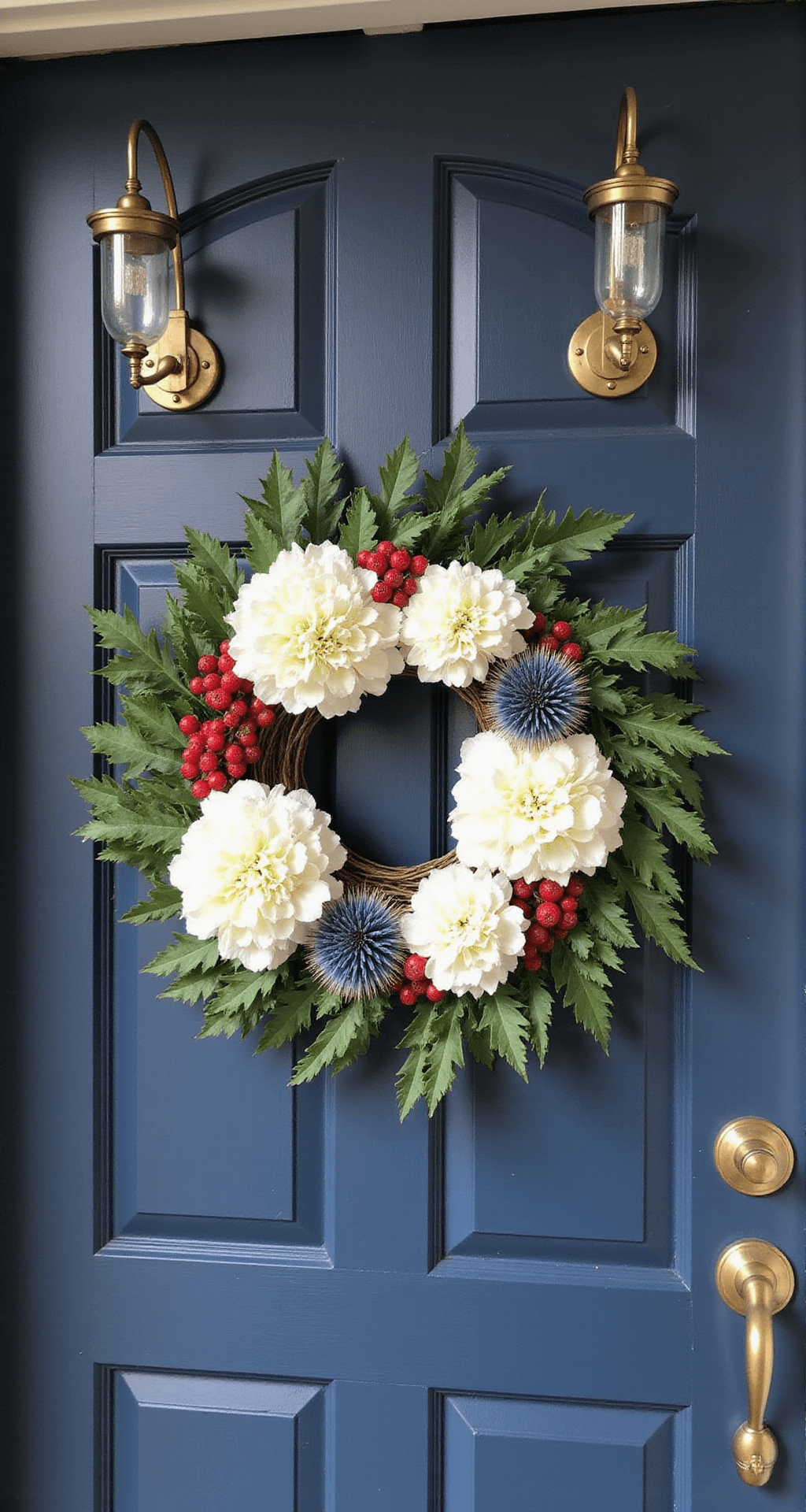 A close-up view of a 24-inch handcrafted wreath made of white hydrangeas, red berry clusters, and blue thistle, displayed on a navy blue front door, framed by antique brass hardware and mercury glass sconces, captured in soft overcast lighting for enhanced texture.