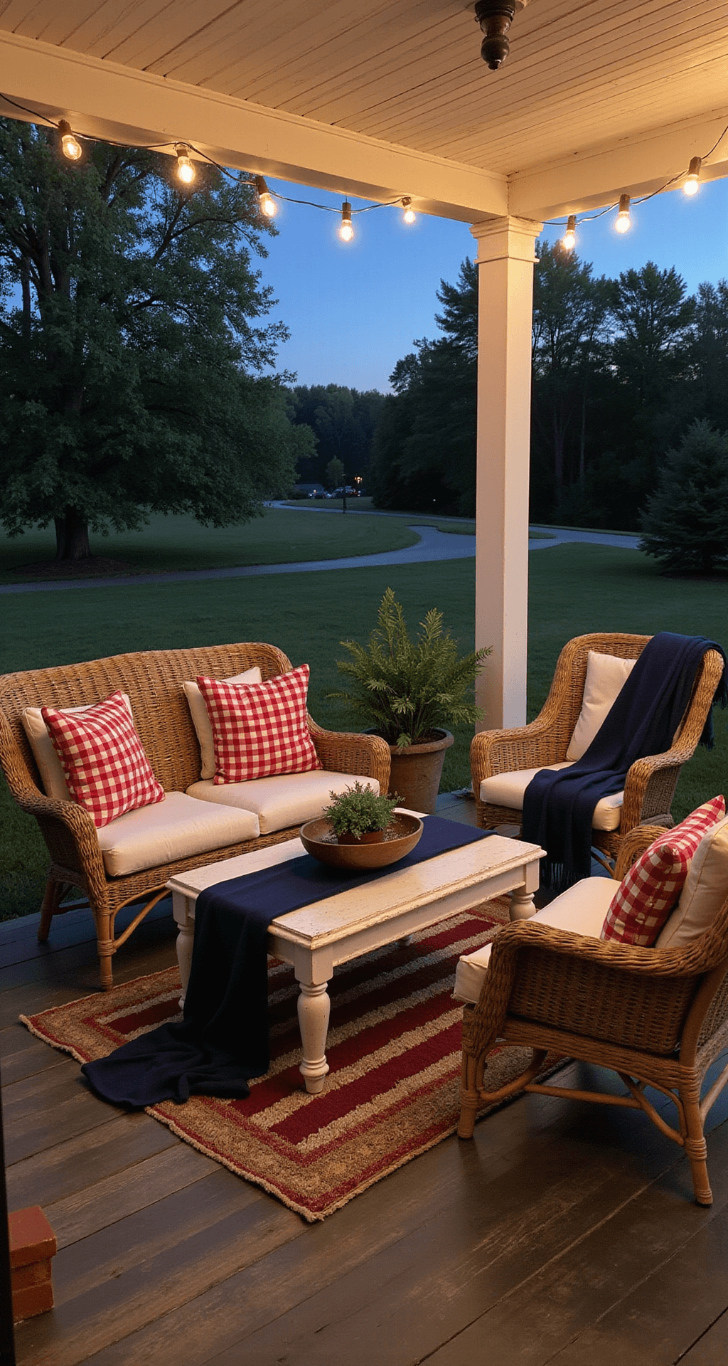 A cozy corner porch at twilight features vintage wicker furniture with buffalo check red and white pillows, navy throws, and a distressed white coffee table. Warm string lights illuminate the scene, highlighting weathered wooden floor planks and a subtle patriotic runner.