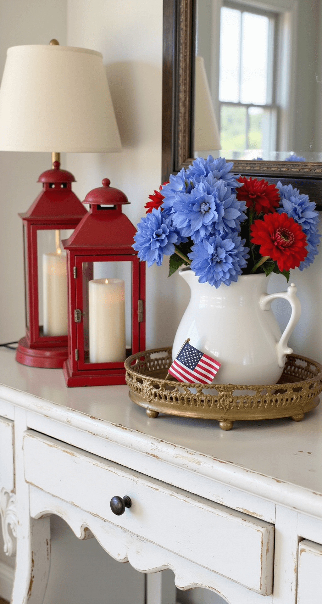 A whitewashed console table displays a curated accent vignette featuring red vintage lanterns with flickering candles, a white ironstone pitcher filled with blue delphiniums and red dahlias, aged brass accessories, and miniature flags, all arranged under soft natural light.