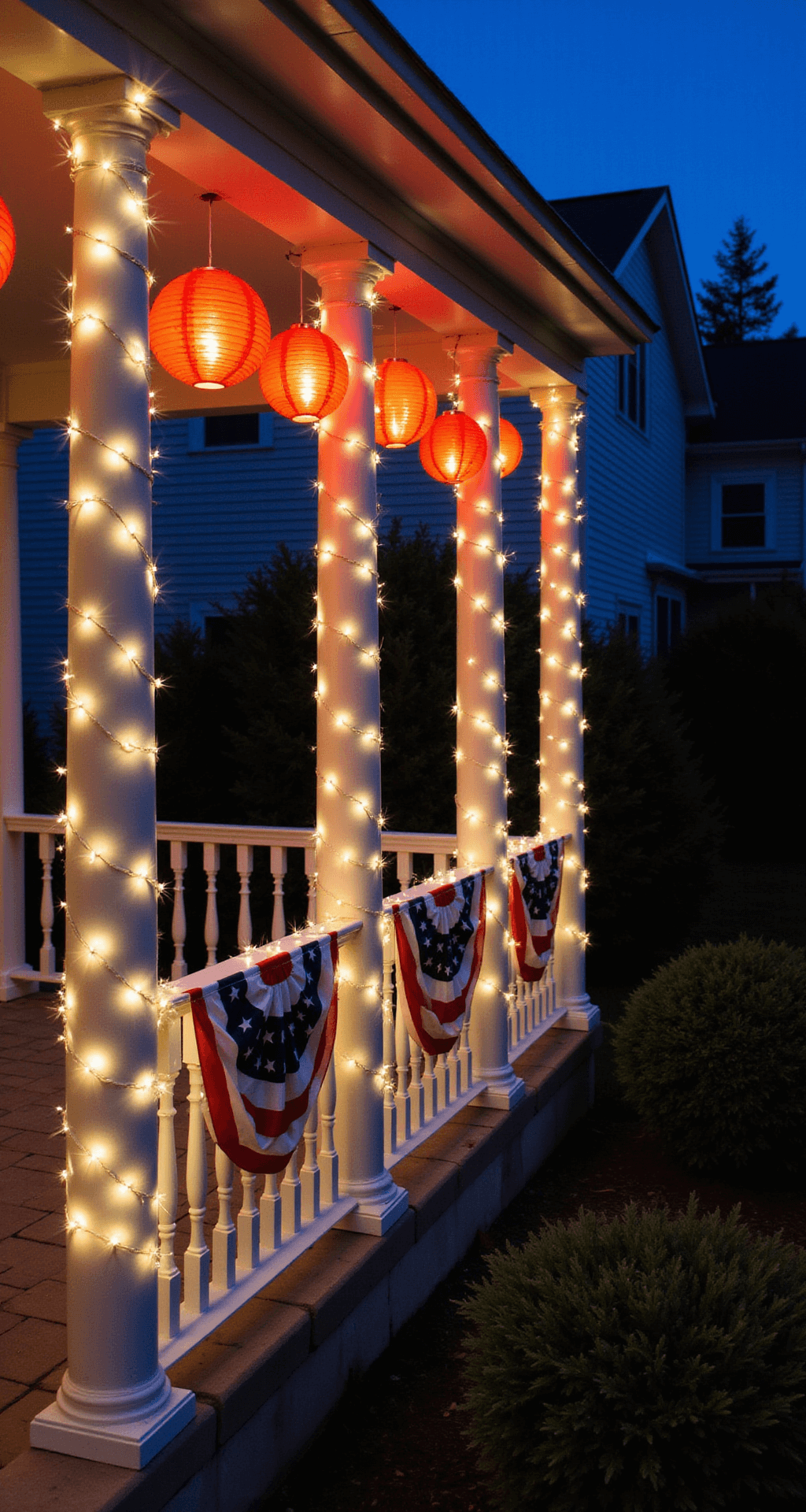 Nighttime photograph of a colonial-style porch with illuminated columns wrapped in warm white LED strings, glowing red paper lanterns hanging at varying heights, and Edge-lit Stars and Stripes bunting, all set against a deep blue twilight sky.