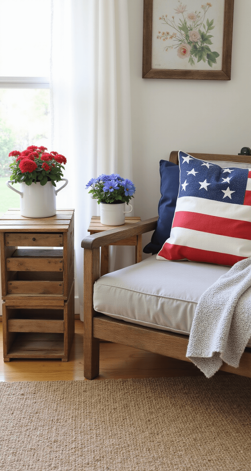 A cozy morning-lit DIY seating area featuring repurposed wooden crates as side tables, vintage American flag-patterned cushion covers, and white enamelware containers with red geraniums and blue lobelia, all anchored by a natural jute rug, showcasing a blend of rustic Americana and modern farmhouse style.