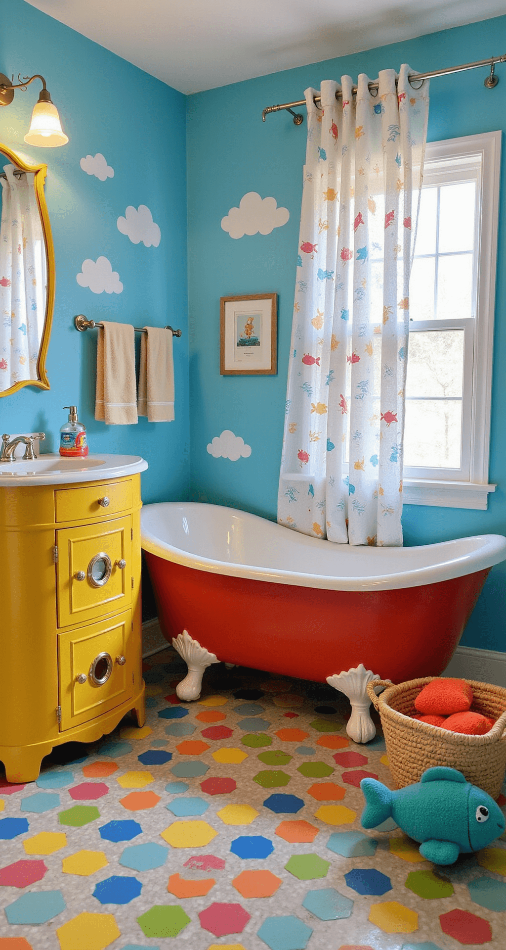 A whimsical children's bathroom with sky blue walls and fluffy white cloud decals, featuring colorful hexagonal rainbow tiles, a custom yellow submarine vanity with portholes, a clawfoot tub painted fire engine red, twinkling fairy lights around the mirror, and fish-shaped baskets filled with bright towels and bath toys, all captured from a child's eye level.