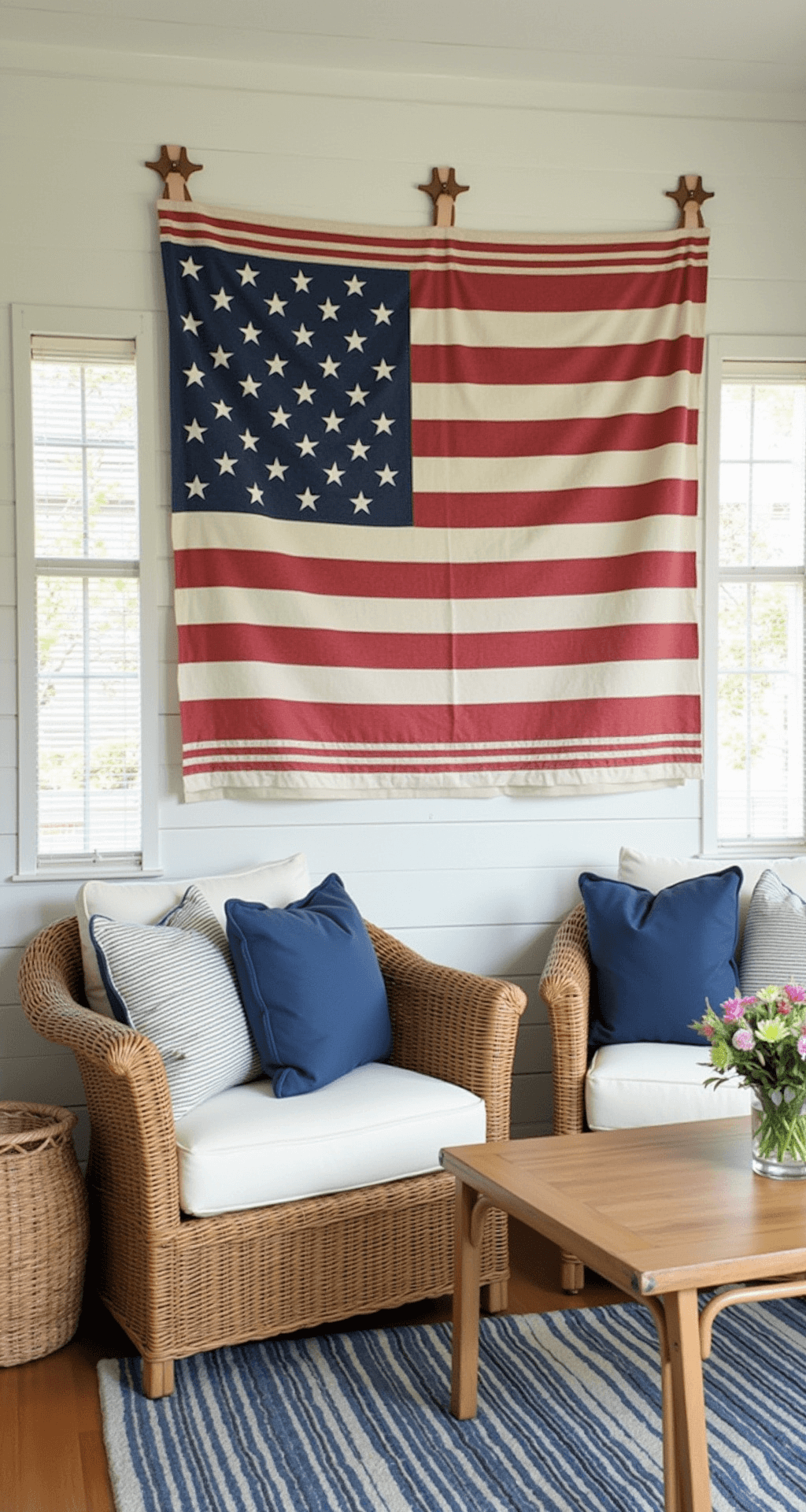 A sunroom seating area measuring 10' x 12', showcasing a handcrafted patriotic textile display with a no-sew dropcloth flag artwork on a neutral wall, cream linen furniture, nautical navy accents, rattan textures, and brass details, all highlighted by bright natural lighting.