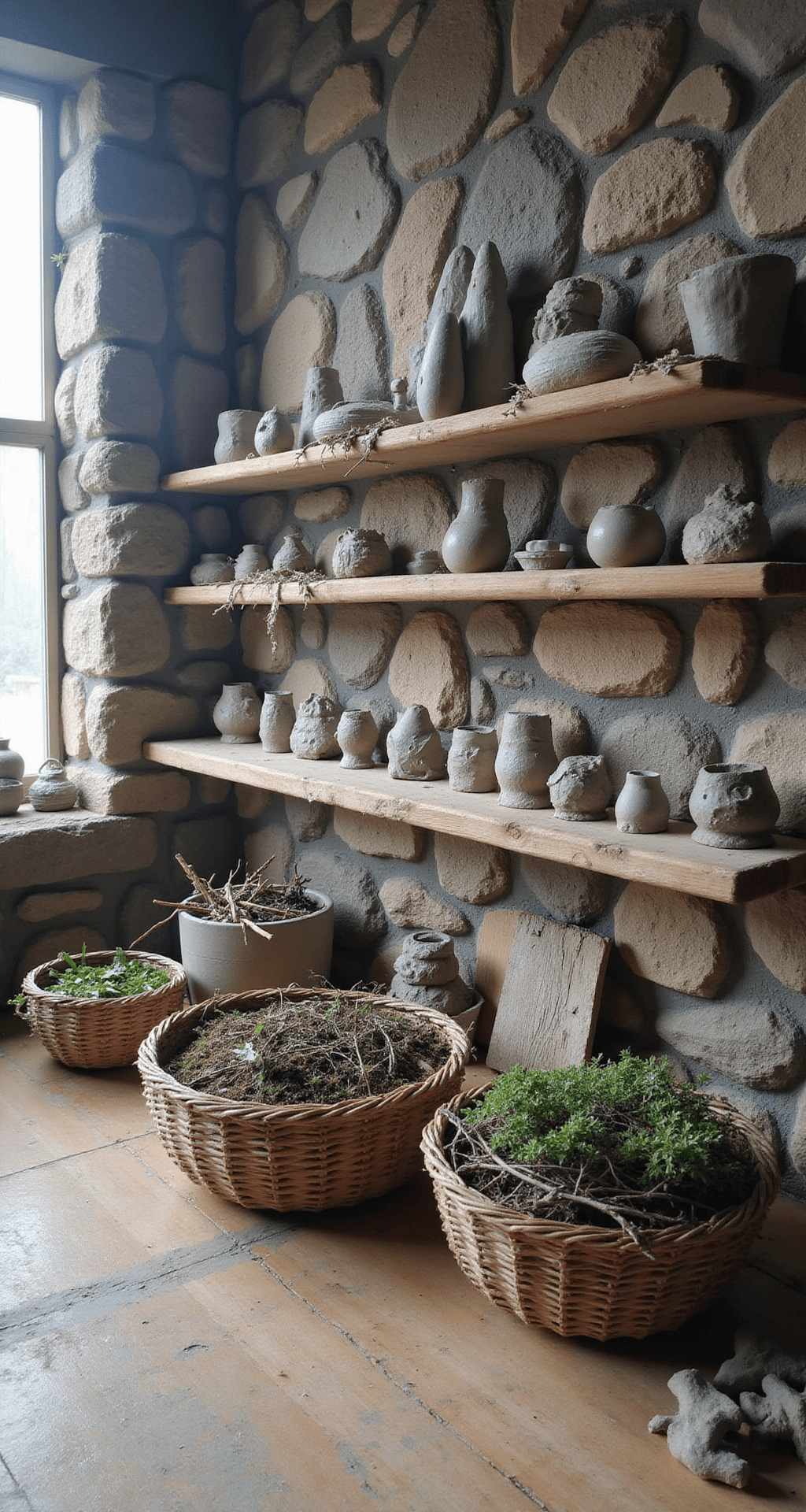 A nature sculpture workshop featuring child-made mud sculptures drying on reclaimed wooden shelves, surrounded by woven baskets filled with sorted natural materials. The scene, captured from a low angle, is enveloped in early morning fog that enhances the ethereal atmosphere, with a color palette of slate grays, moss greens, and bark browns, all illuminated by professional lighting that mimics soft, natural daylight.