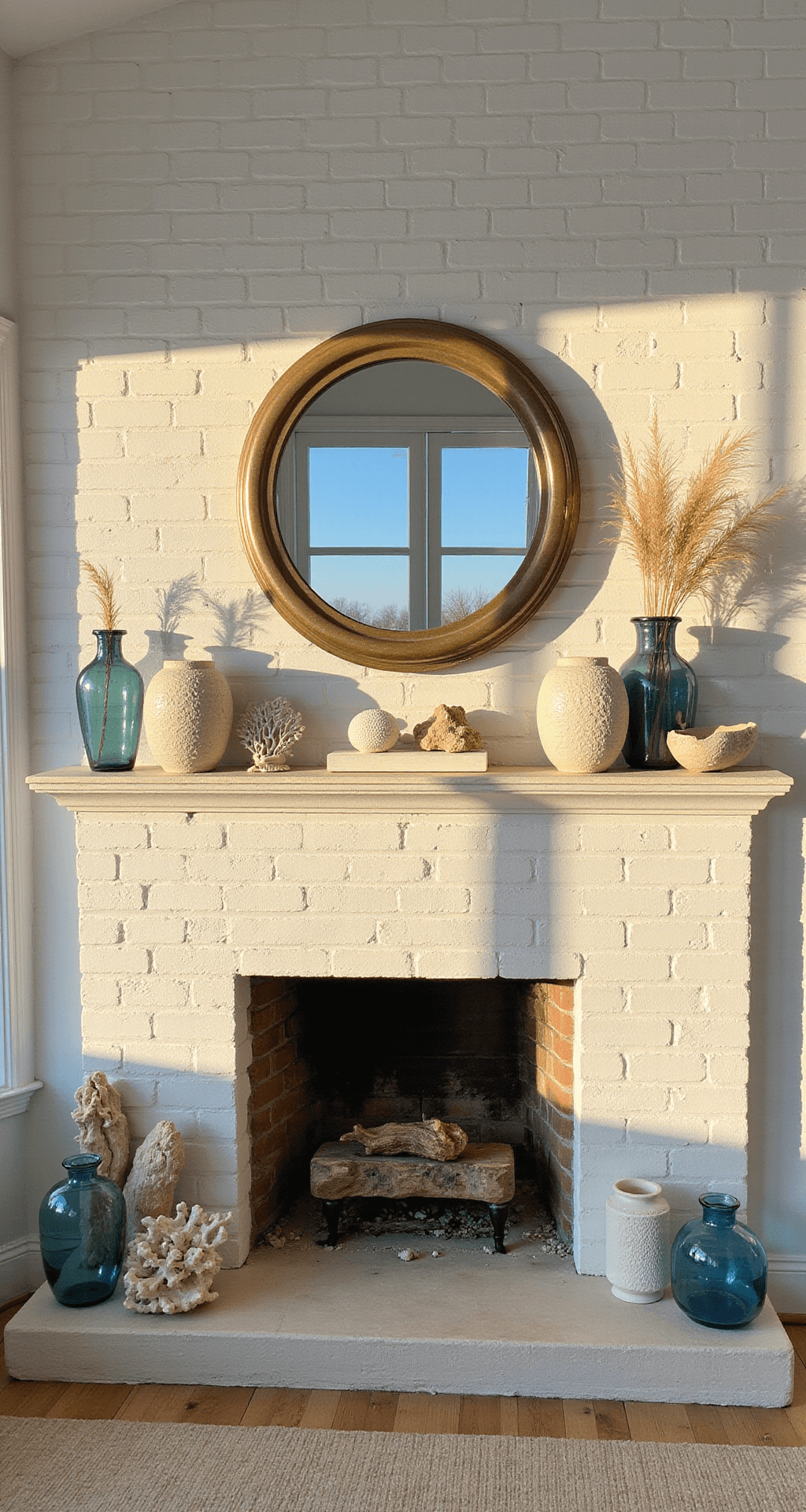 Sun-drenched coastal living room shot at golden hour through French doors, featuring a limestone fireplace mantle with a large round brass mirror above, white coral specimens, and blue glass vessels, illuminated by natural light on whitewashed brick, with layered decor of driftwood, textured cream pottery, and sea grass in clear vases, all in ocean blues, sandy beiges, and crisp whites.