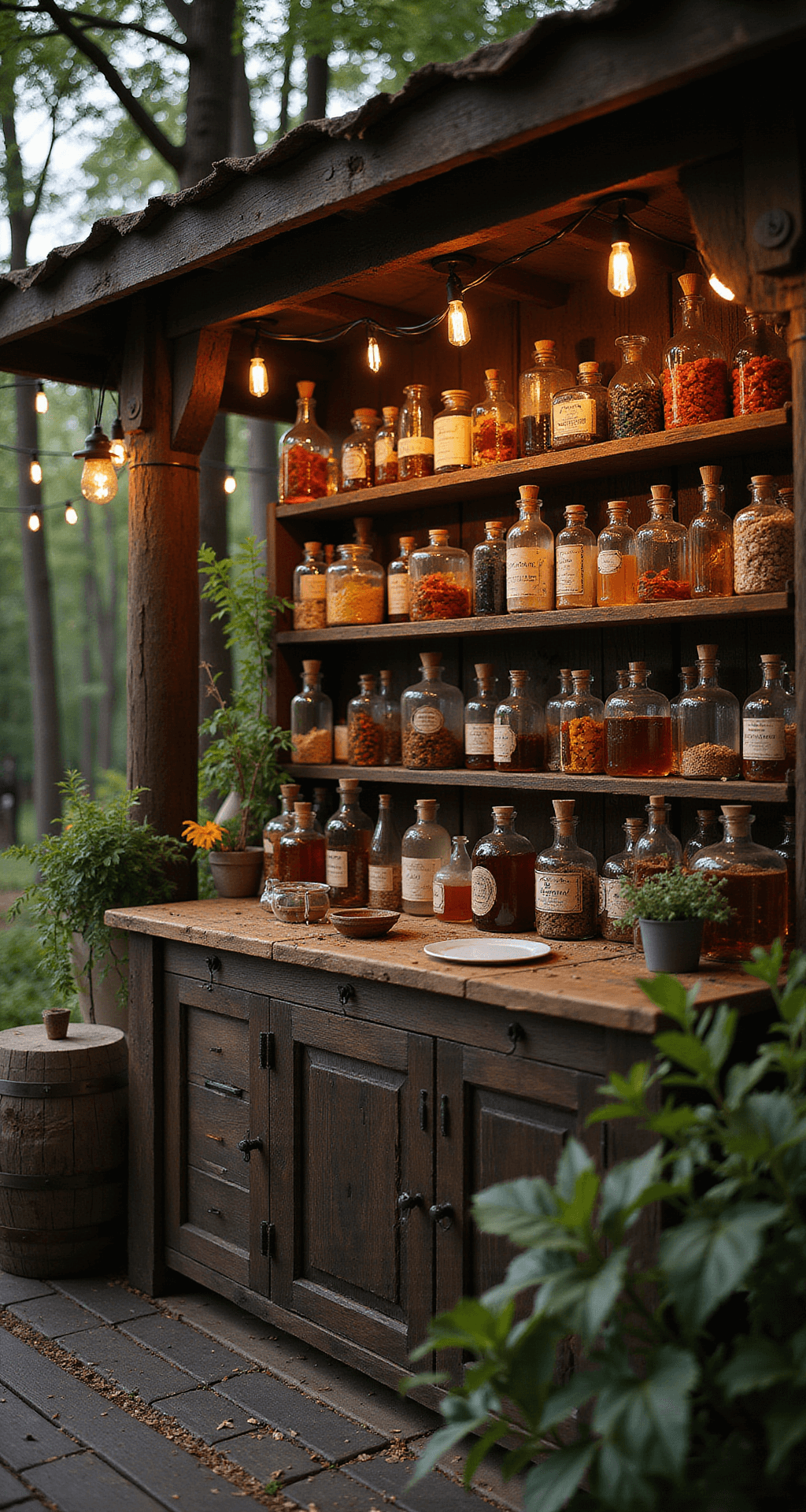 A potion-making laboratory in a covered outdoor space features an accessible workspace with glass bottles and jars filled with colorful liquids and natural materials, highlighted by dramatic late afternoon lighting. The scene includes vintage apothecary-style storage, modern safety elements, and a deep moody color palette, complemented by string lights for ambiance and various textures like smooth glass and rough wood.
