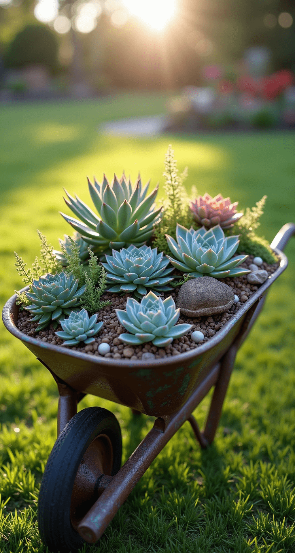 A rustic metal wheelbarrow overflowing with vibrant succulents in various shades sits in a sun-dappled backyard, featuring early morning light, soft shadows, dewdrops, and a blurred background of grass and flower beds.