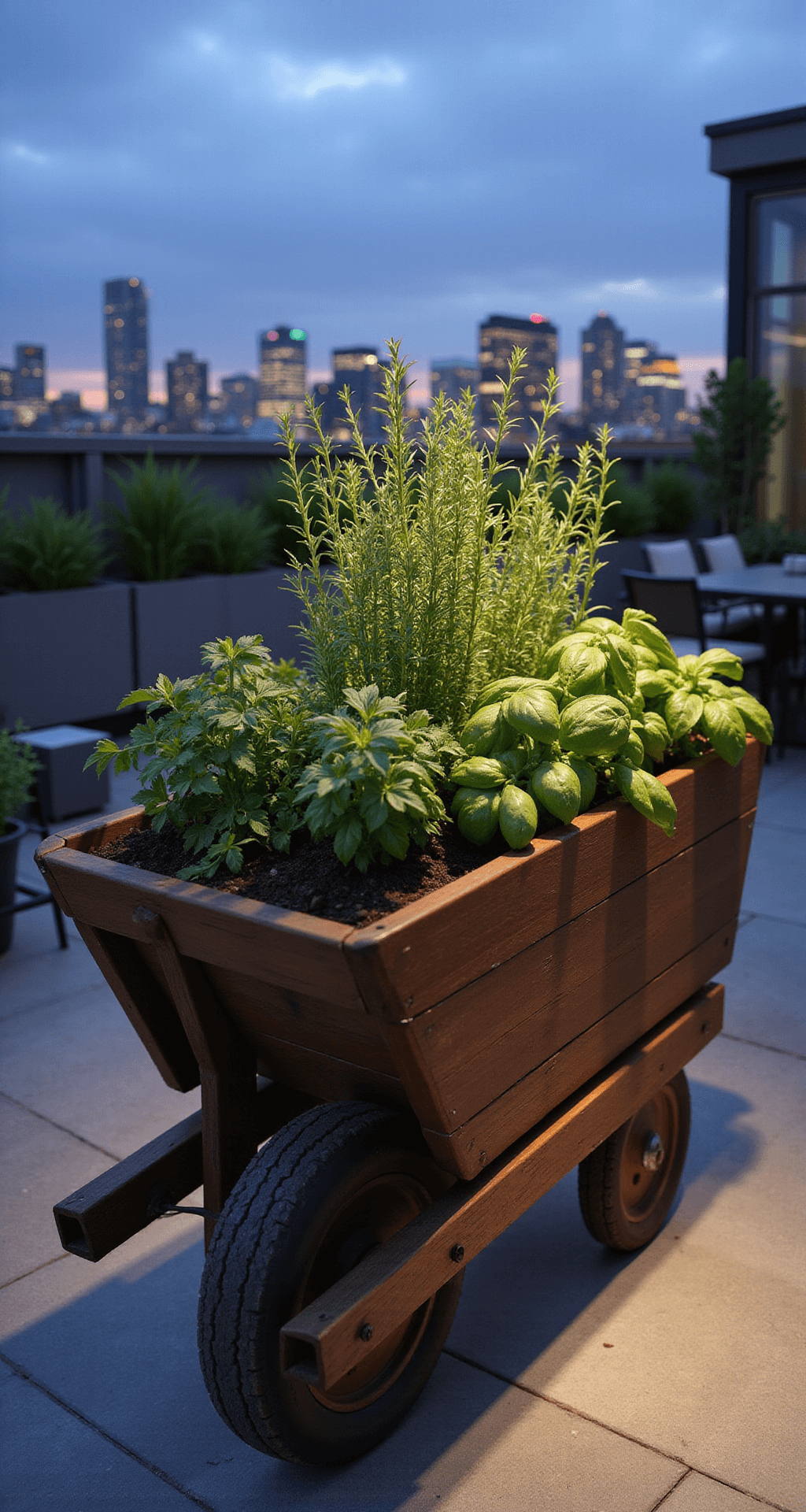 A sleek DIY wheelbarrow planter filled with lush herbs stands in a modern rooftop garden at twilight, with a twinkling city skyline in the background and soft uplighting highlighting the plants.