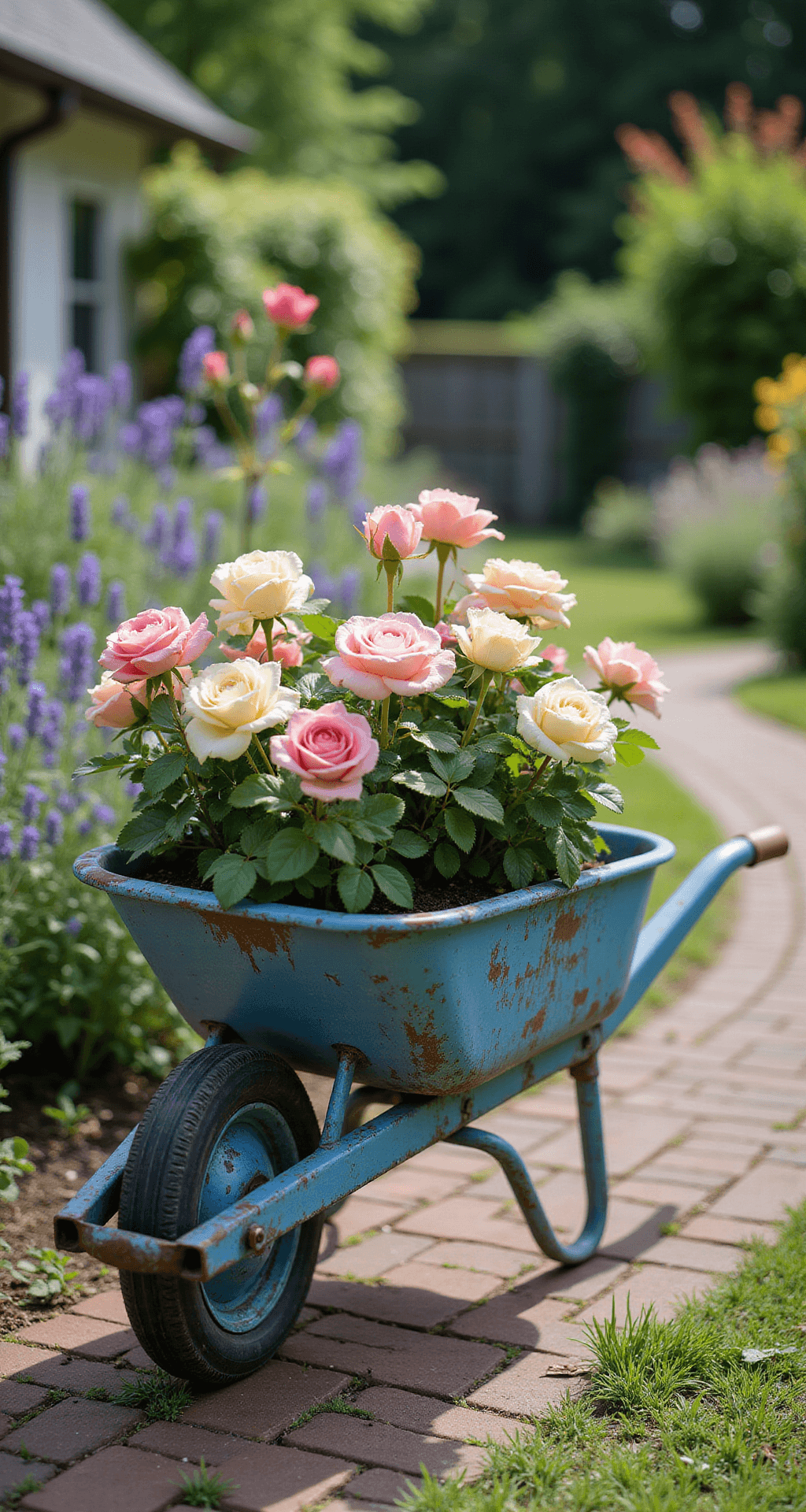 A vintage metal wheelbarrow filled with colorful miniature roses sits in a sunlit English cottage garden, surrounded by lavender and catmint on a winding brick path, evoking timeless elegance.