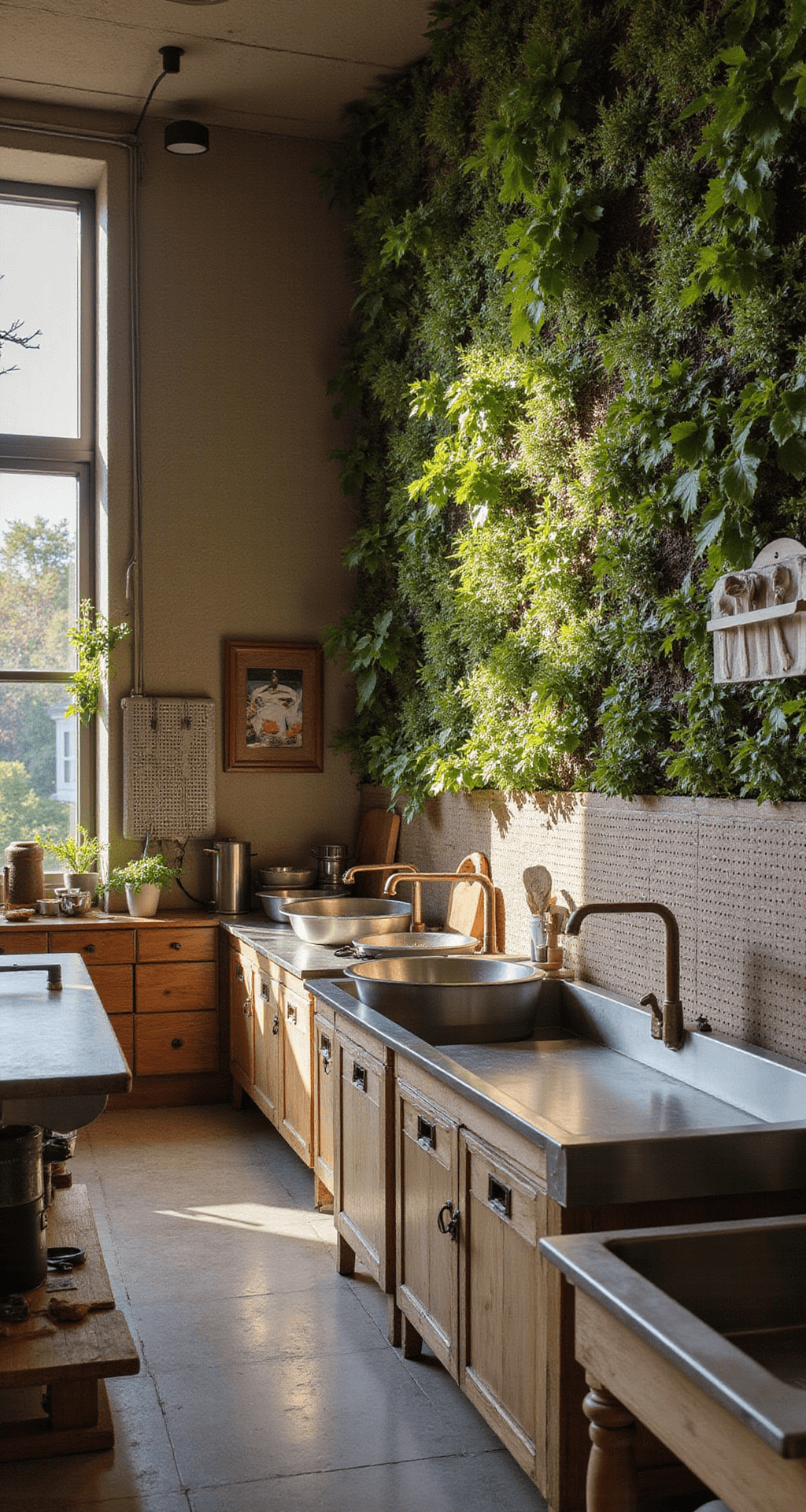 A professional-grade mud kitchen restaurant scene in a dedicated 15x12ft space, featuring morning light highlighting multiple cooking stations with height-appropriate workspaces, commercial stainless steel prep bowls alongside rustic wooden elements, creative vertical pegboard storage, a warm wood and brushed metal color scheme with bright garden color accents, and a living wall of edible plants as a backdrop.