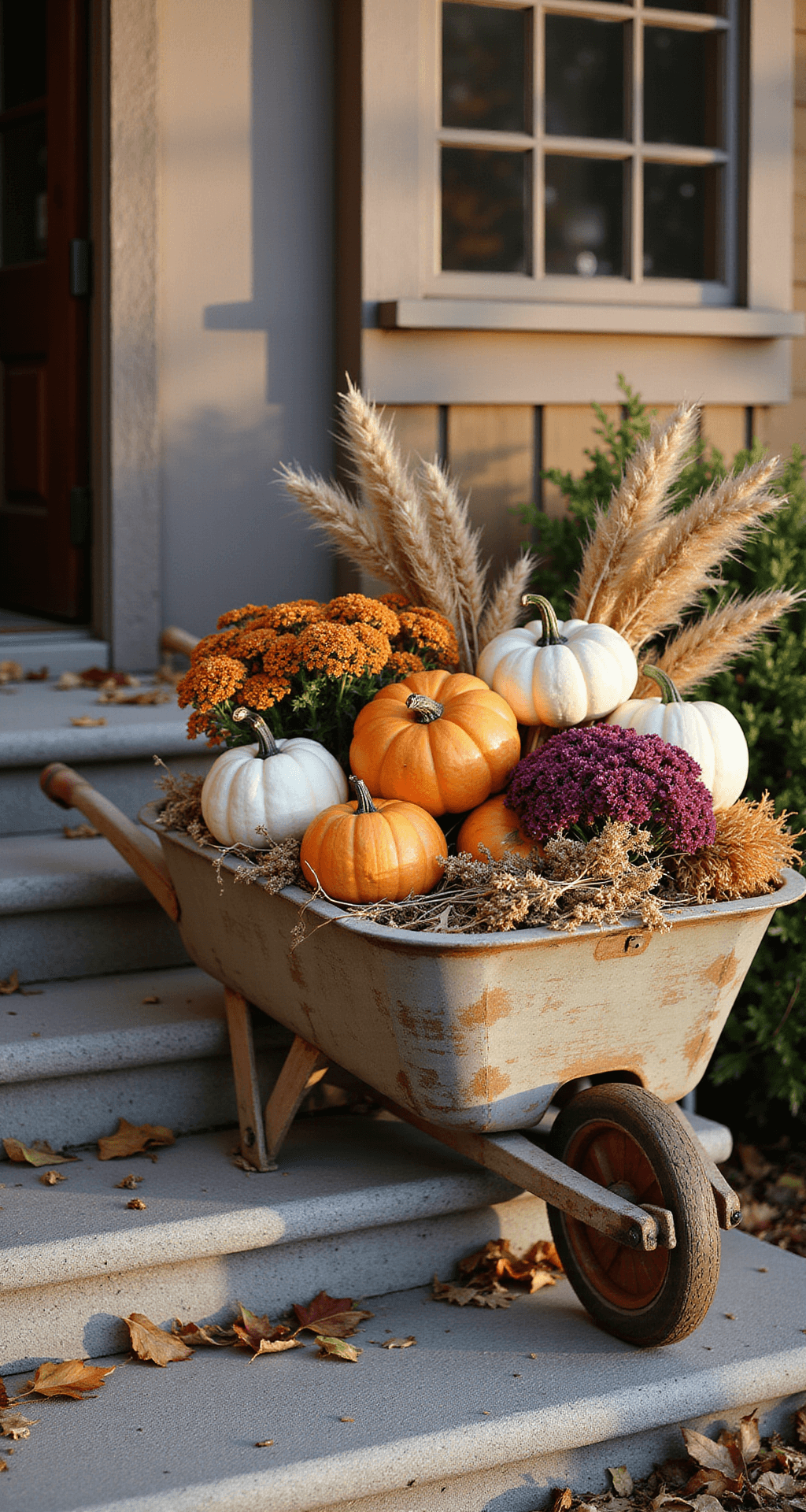 An upcycled wooden wheelbarrow overflowing with orange and white pumpkins, gourds, and sprays of wheat, accented by deep purple mums and dried corn husks, positioned near a rustic farmhouse entryway with a wooden door and stone steps, captured in warm autumn light.