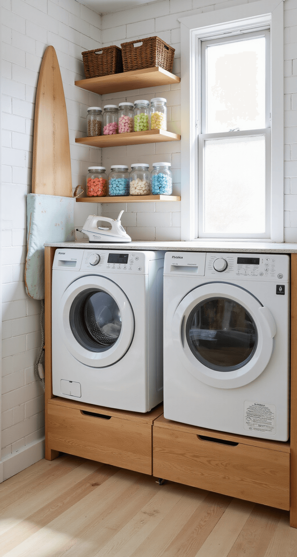 A bright and airy laundry room with white subway-tiled walls and light oak flooring, featuring a front-loading washer and dryer on a custom pedestal with drawers, floating shelves with wicker baskets and glass jars of detergent pods, and a fold-down ironing board in use, all bathed in morning sunlight.