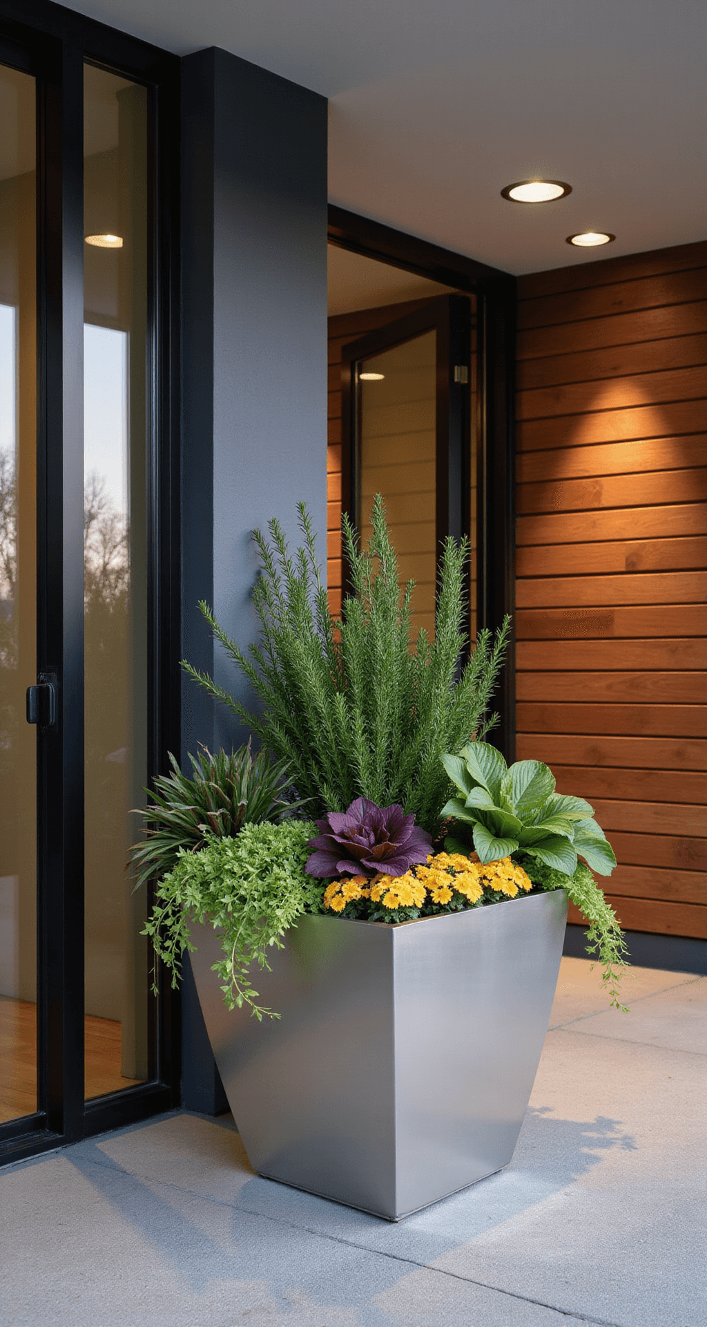 A modern, minimalist entryway at dusk featuring a brushed stainless steel planter with a green ensemble including tall salvia, bushy rosemary, burgundy coleus, and ornamental cabbage, alongside a pivoting glass front door. Honey-colored Wave petunias spill over the planter, illuminated by warm recessed lighting. The smooth concrete floor contrasts with a textured wooden accent wall, all under soft, warm lighting that enhances the inviting ambiance as night falls.