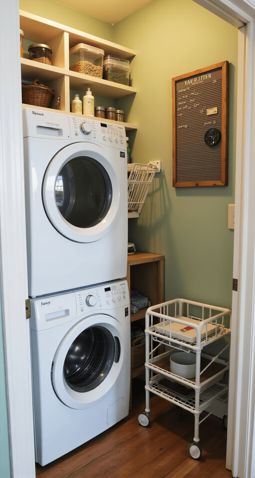 A compact laundry nook featuring stacked washer and dryer, slim rolling cart, wall-mounted drying rack, and open shelving with labeled containers, all set in a soothing sage green room with white trim and warm lighting.