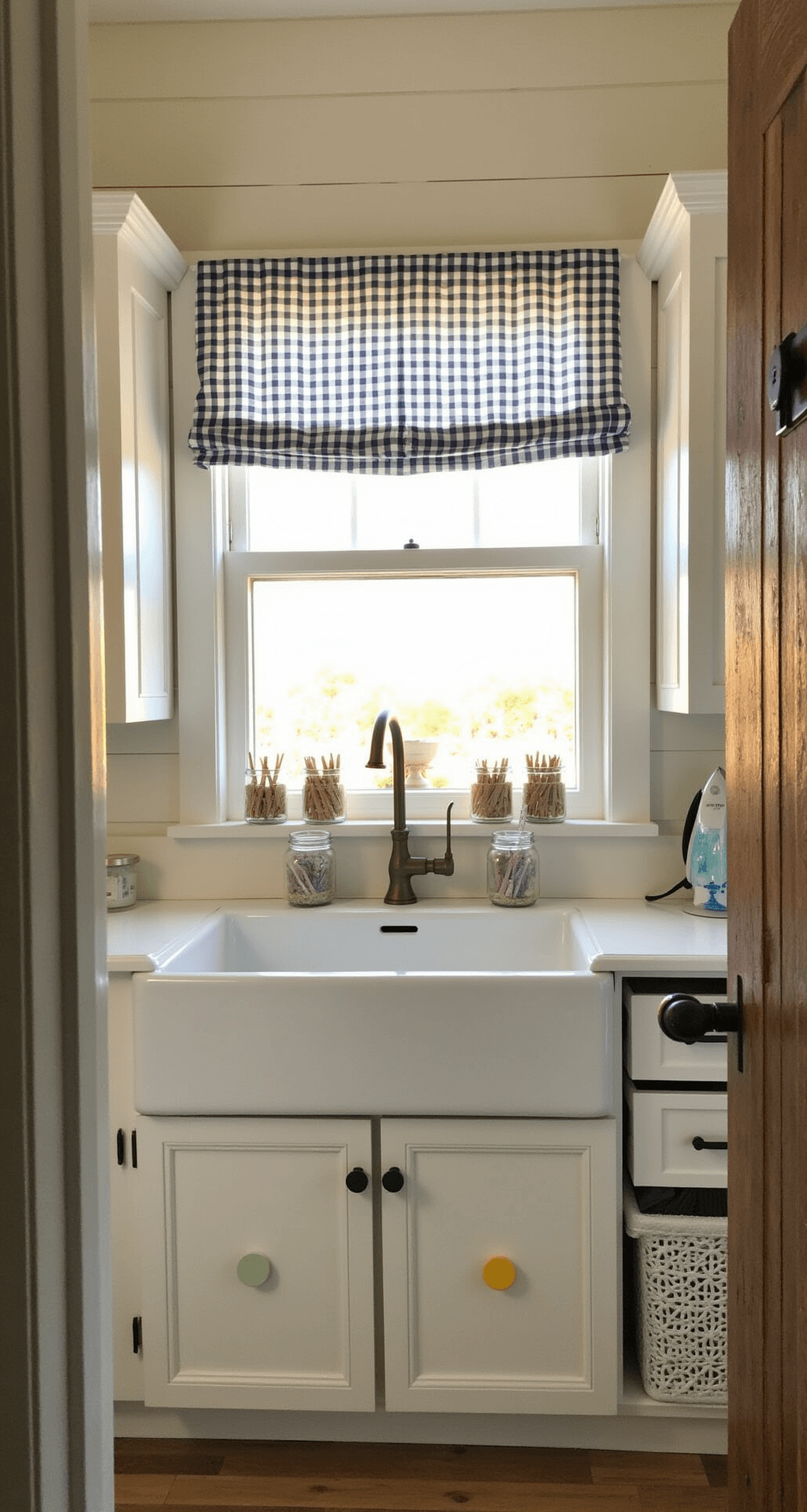 A cozy farmhouse laundry room with shiplap walls, distressed wood flooring, a large farmhouse sink beneath gingham-draped window, and charming DIY details like mason jars of clothespins and lavender. Colorful wooden clothespin drawer pulls and a sliding barn door concealing an ironing station complete the rustic-chic look, illuminated by warm golden hour light.
