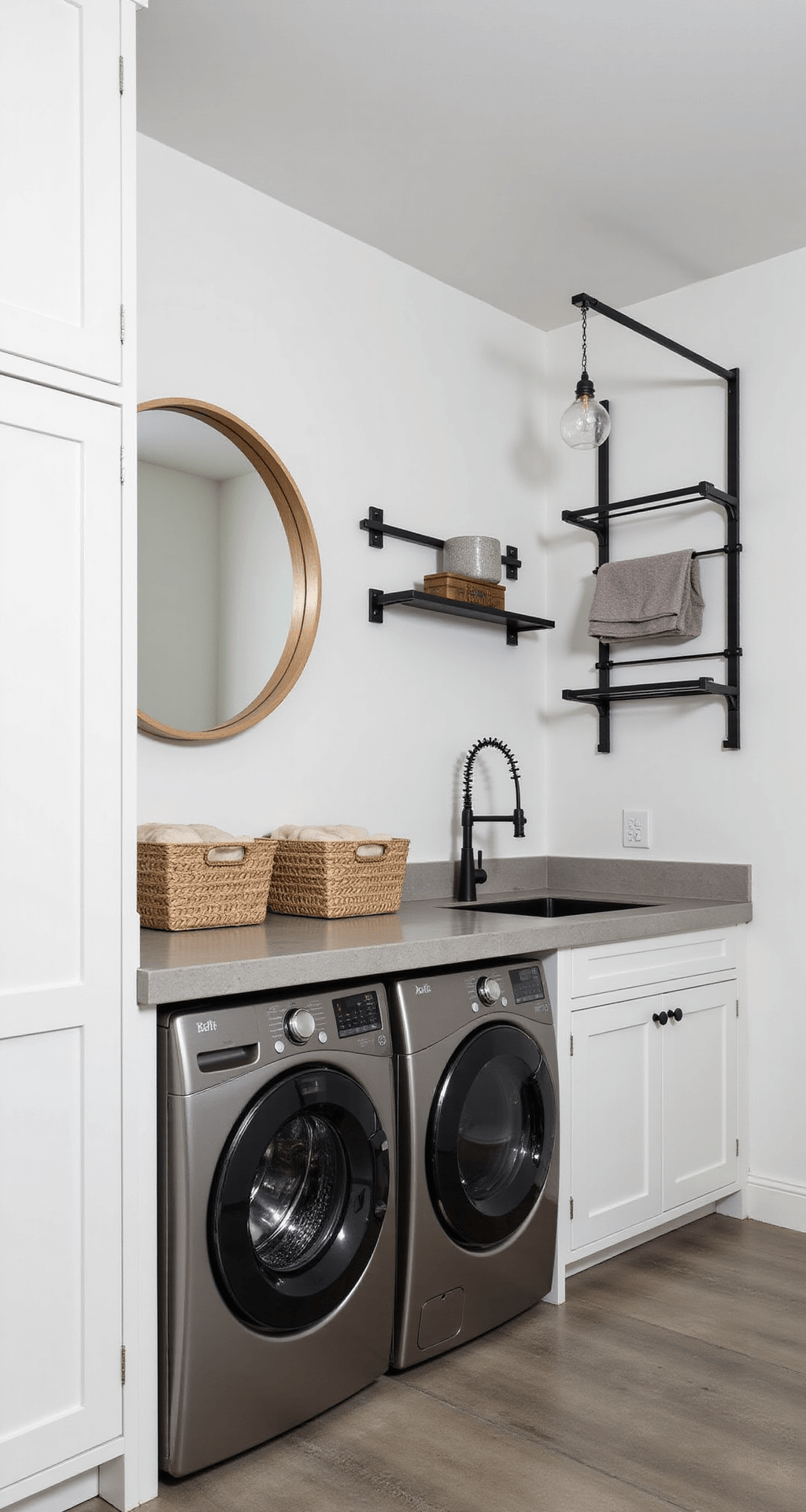 A modern minimalist laundry room featuring sleek white cabinets, a concrete countertop, brushed steel front-loading machines, a round mirror above a utility sink, a wall-mounted drying rack, and woven baskets, all set in a symmetrical 9x11 ft space with cool lighting.