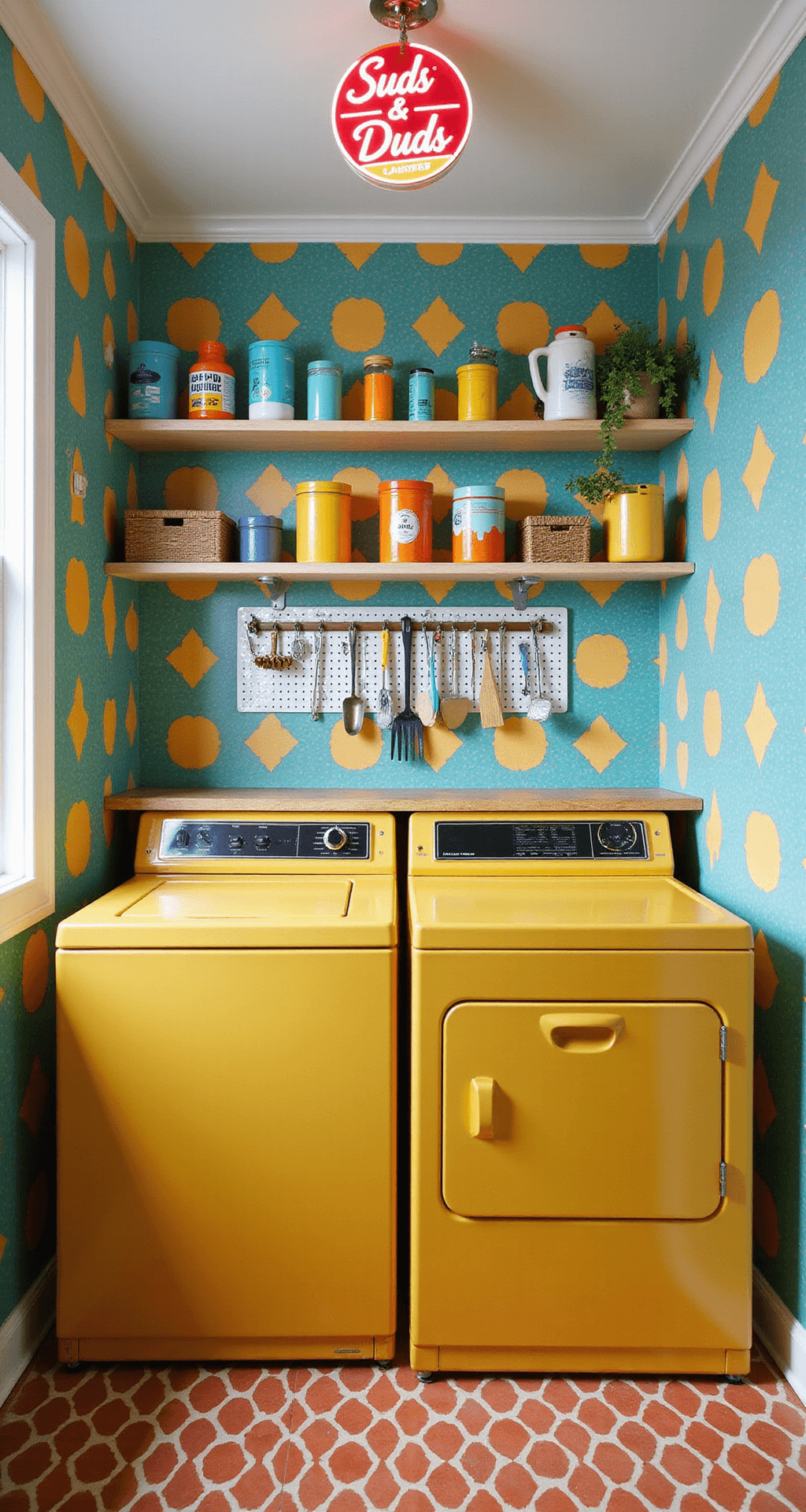A vibrant retro laundry room featuring teal and orange geometric wallpaper, a vintage yellow washer and dryer, a butcher block counter, color-coordinated laundry supplies on open shelving, a pegboard with cleaning tools, and a quirky 'Suds & Duds' neon sign, all captured in bright, even lighting.