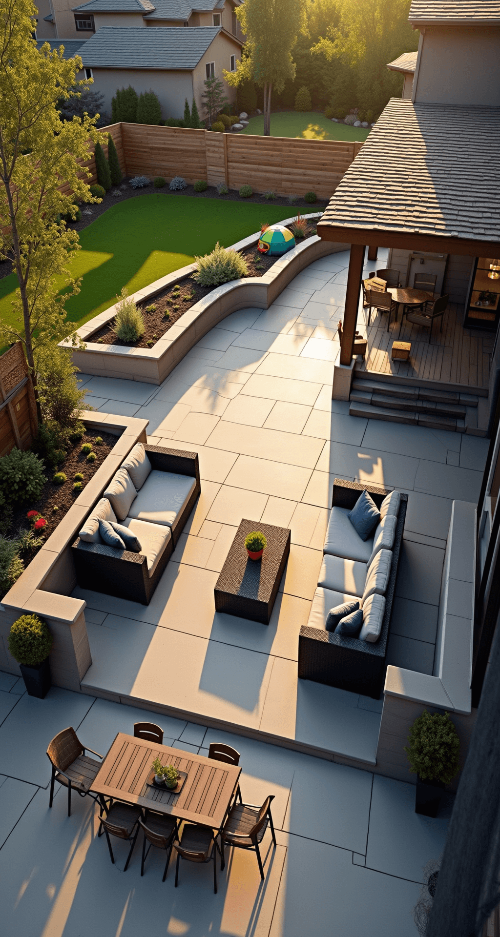 Wide-angle view of a modern family backyard at golden hour, showcasing a central composite deck with gray modular sofa seating, a safety-surfaced kids' area with a colorful climbing dome, and raised garden beds with sensory plants, all illuminated by warm lighting and geometric shadows from a pergola.