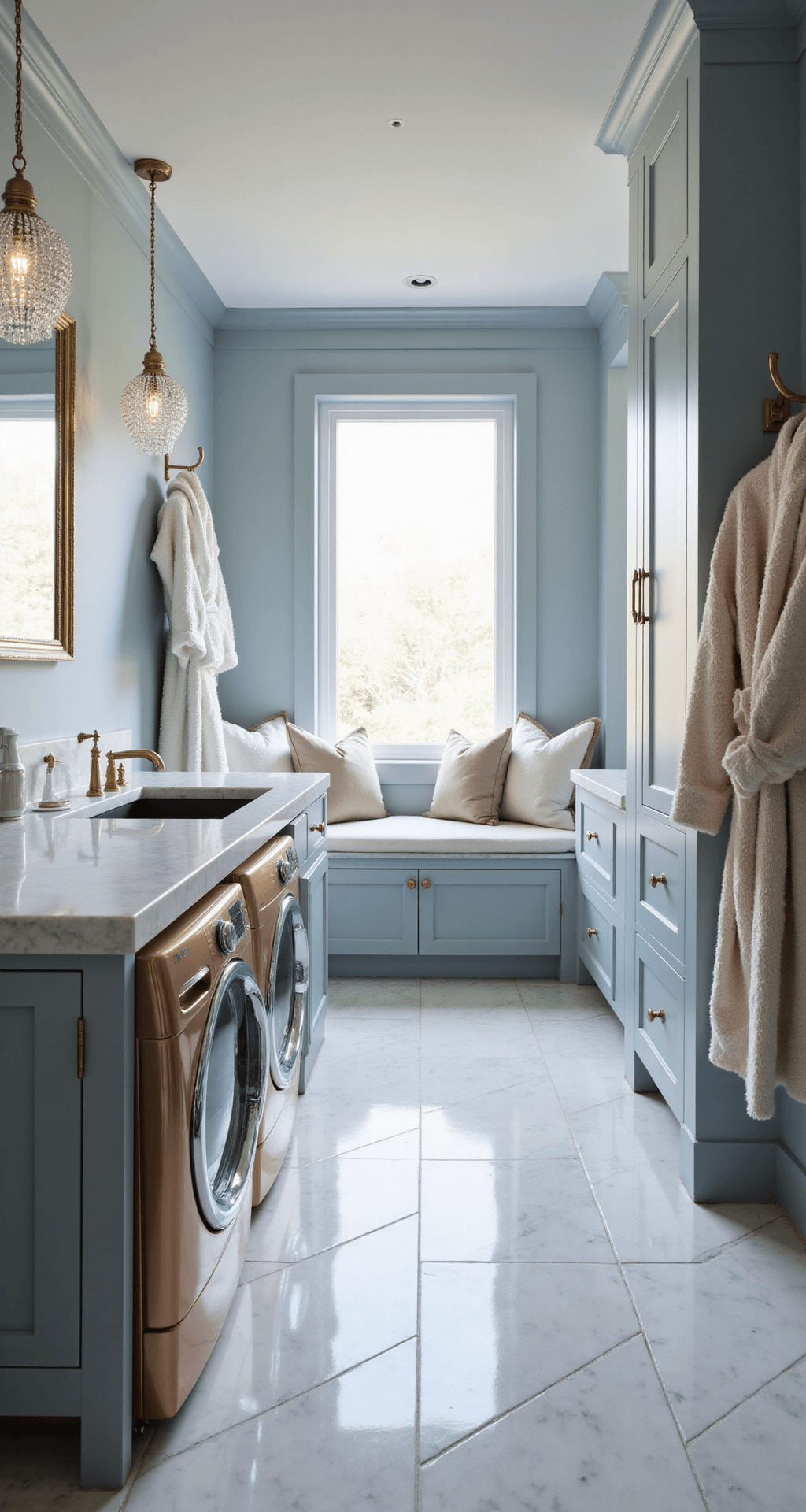 A luxurious laundry retreat featuring marble herringbone tile flooring, pale blue walls, built-in champagne gold front-loading machines, and a large quartz island. Crystal pendant lights illuminate the space, complemented by plush terry cloth robes and a cozy window seat with cushions, all set in soft, serene lighting.