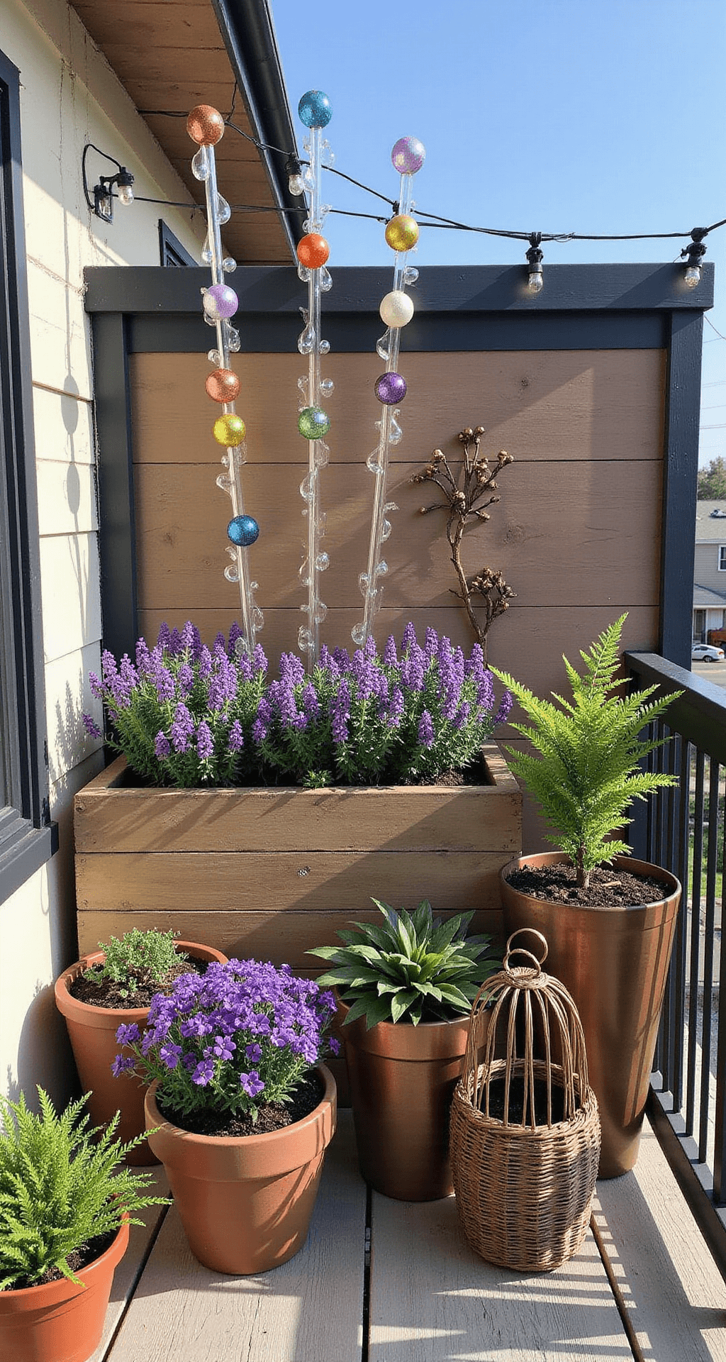 An intimate 8x10ft balcony adorned with mismatched planters, showcasing purple salvias, metal flower sculptures in copper and brass, a willow cloche over a delicate fern, and crisscrossing string lights, all bathed in bright midday sun with rich purples and warm wood tones highlighting the eclectic accessories.