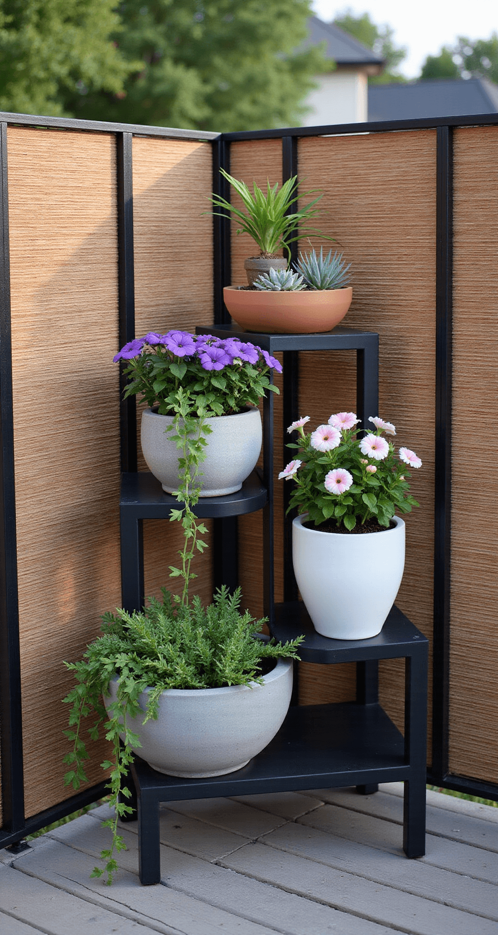 A spacious 20x25ft deck at dusk featuring a dramatic three-tiered metal plant stand in matte black, adorned with a variety of planters: large concrete bowls with trailing ivy and purple petunias on the bottom tier, sleek white ceramic pots with pink and white impatiens on the middle tier, and small terracotta pots with succulents and air plants on the top tier. Bamboo screens provide texture and privacy in the background, while warm lighting accentuates the plants and creates shadows on the bamboo.
