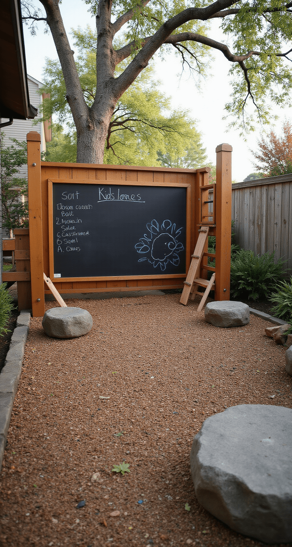 A ground-level view of a custom kids' play zone featuring rubber mulch flooring, a wooden play structure, and a chalkboard wall adorned with children's artwork, all bathed in morning light. Visible elements include musical instruments like a xylophone and drums, natural climbing features such as smooth river rocks, and low-height balance beams, captured from a child's eye level.