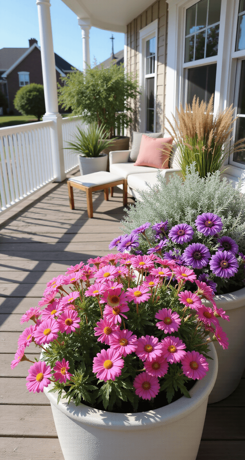 A sunlit open porch featuring modern planters with vibrant pink and purple Supertunias and silvery dusty miller, ornamental grasses in corner planters, weather-resistant wood decking, and chic white outdoor furniture, creating a lively summer atmosphere.