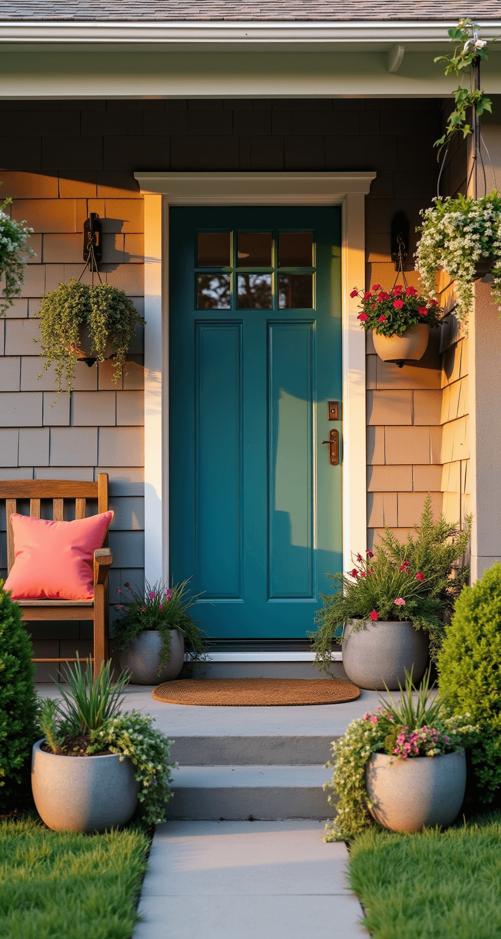 A cozy front porch entrance featuring a bold teal door, flanked by concrete planters with miniature wild gardens, a rustic wooden bench with coral cushions, and hanging baskets of petunias, all illuminated by warm golden hour light.