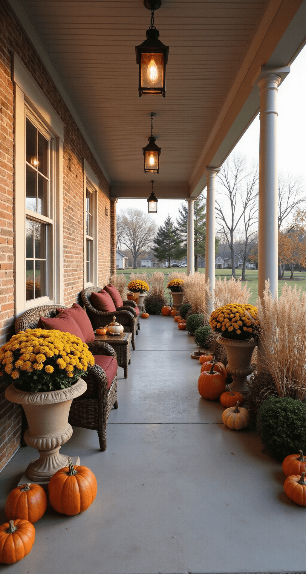 An expansive wrap-around porch adorned with ornamental grasses, large urns of mums, pumpkins, and gourds, featuring wicker furniture with burgundy and orange cushions, illuminated by warm copper lanterns in the soft morning light of fall.