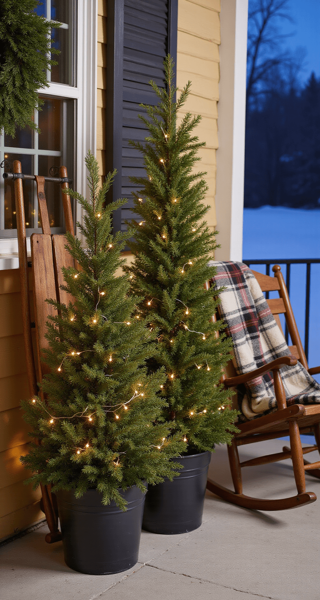 A cozy winter porch vignette featuring evergreen planters dusted with snow, twinkling string lights, a vintage sled with an evergreen wreath, and a plaid throw on a rustic rocking chair, captured in cool blue-toned lighting with a warm glow from the lights.