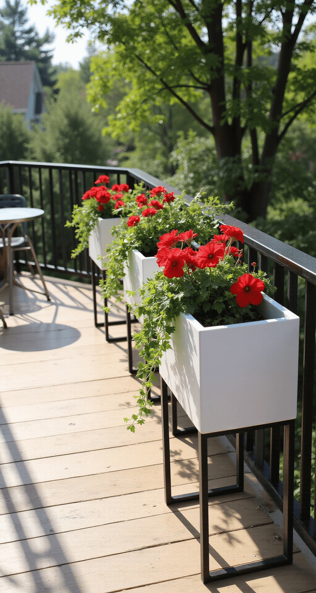A sun-drenched balcony with modern minimalist decor featuring a row of white planter boxes filled with red geraniums and ivy, a small brushed steel bistro set, and light oak floorboards, all illuminated by early afternoon light.