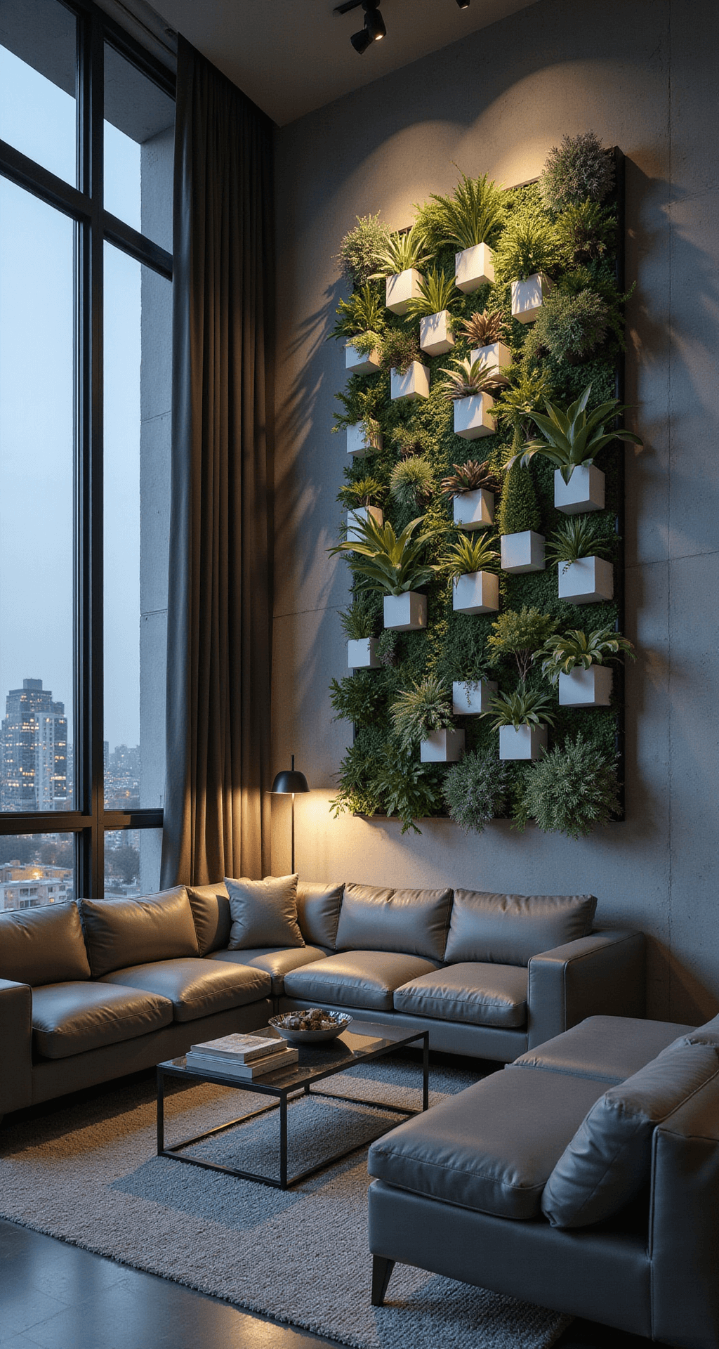 A modern living room at dusk with floor-to-ceiling windows showcasing a cityscape, a statement wall of small white cube planters filled with succulents, minimal gray sectional furniture, and warm lighting creating a cozy atmosphere against a cool monochromatic palette.