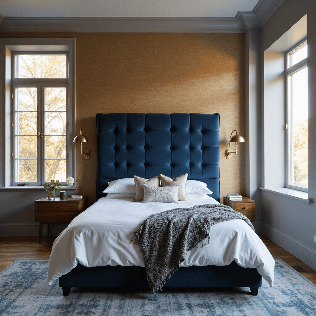 A cozy 12x14ft bedroom with golden hour light illuminating a navy velvet tufted headboard against a textured accent wall, flanked by brass sconces. The room features slim walnut nightstands, a white linen duvet, silk pillows, a chunky knit throw, and a vintage muted blue rug, all set against soft grey walls.
