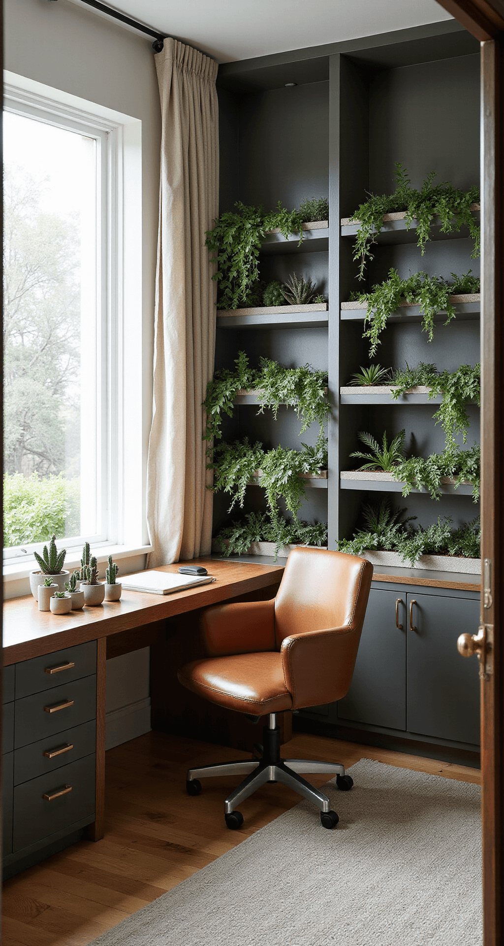 A serene home office featuring a built-in desk with concrete planters of cacti, a floor-to-ceiling bookshelf with cascading ivy, and a mid-century modern cognac leather chair, all illuminated by soft morning light filtering through sheer curtains.