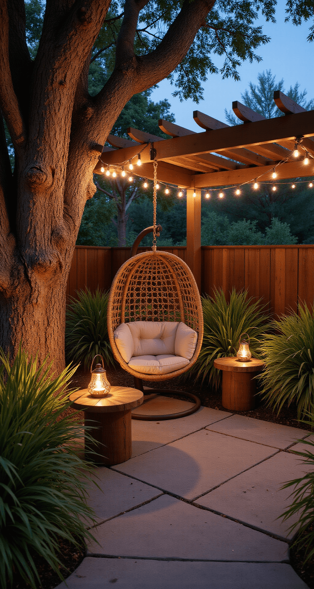 A cozy outdoor relaxation corner at dusk featuring a modern woven egg chair suspended from an oak tree, surrounded by uplighting on specimen plants, weathered teak side tables with copper lanterns, and textured grasses for privacy. String lights adorn an overhead pergola, casting a romantic glow in the golden hour.