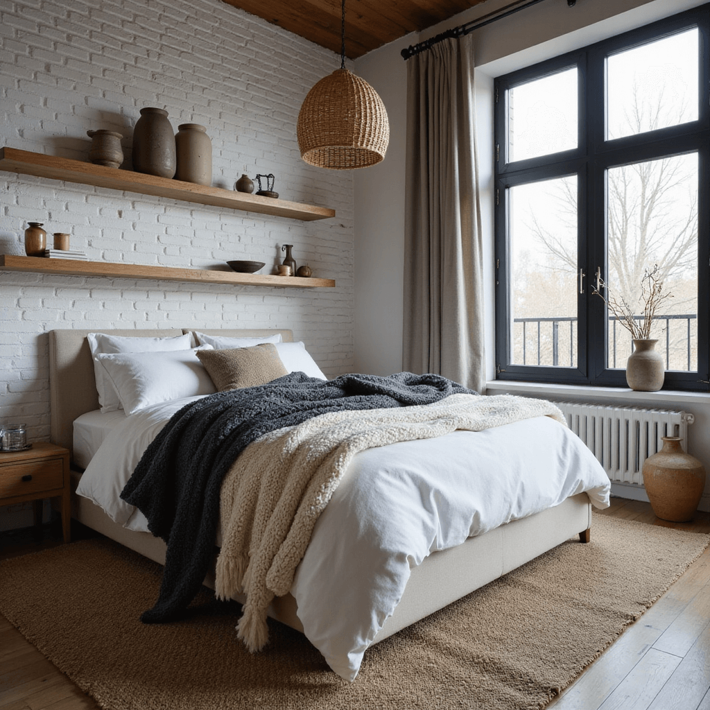 A cozy 10x12ft bedroom at blue hour featuring a low-profile platform bed with stone-washed linen and layered throws, against a white painted brick accent wall, with natural materials like a rattan pendant and oak shelves, highlighted by diffused lighting.