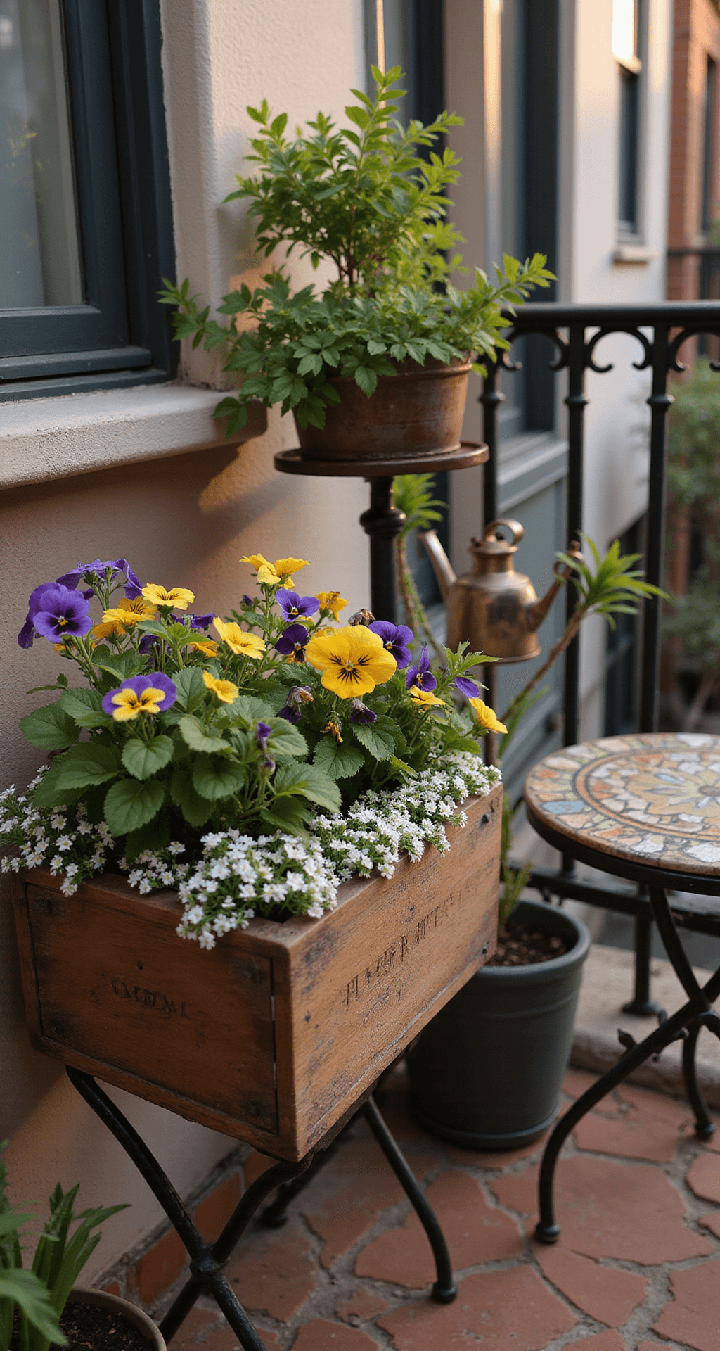 A cozy urban balcony at golden hour featuring a wooden planter box filled with vibrant pansies and violas, cascading sweet alyssum, a vintage watering can, terracotta tiled floor, and a mosaic bistro set, captured at eye level with soft lighting and shallow depth of field.