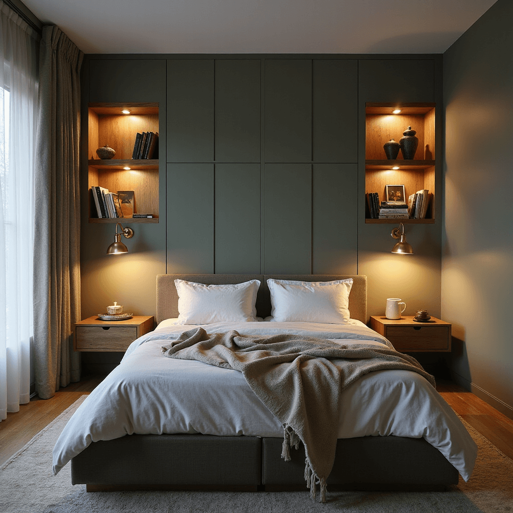 Dusk shot of an 11x13ft bedroom showcasing strategic lighting design with brass swing-arm sconces above floating nightstands, backlit shelves illuminating art books, a contemporary floor lamp, and string lights behind sheer curtains, all against sage green walls with warm brass accents.