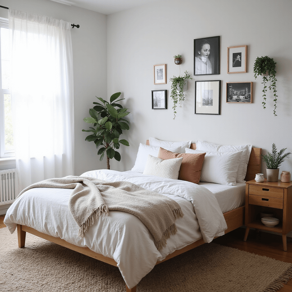A bright, minimalist bedroom featuring east-facing windows draped with white curtains, a mid-century modern platform bed, and a curated gallery wall of black and white photographs in various frames, complemented by handmade ceramics and trailing plants, all set in a muted color palette of warm whites and soft greys.
