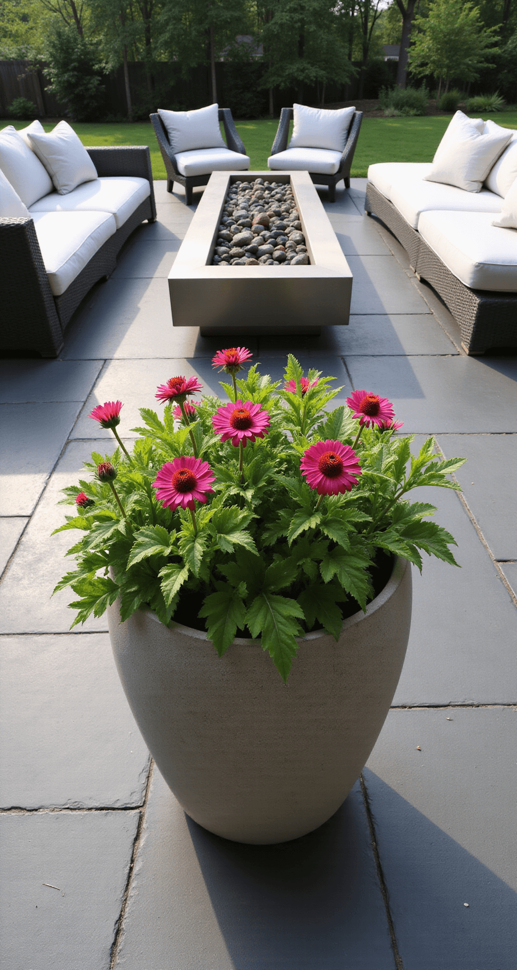 A spacious suburban patio with a contemporary concrete planter filled with hot pink coneflowers and lime green cascade vincas, flanked by charcoal outdoor furniture with white cushions, and a brushed steel fire pit surrounded by river rocks, all bathed in early morning light with dew drops sparkling on the plants.