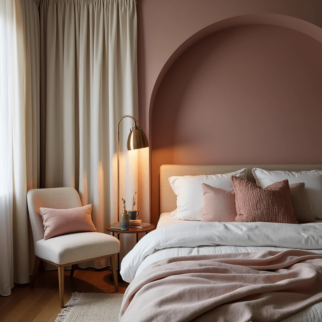 A cozy twilight bedroom featuring floor-to-ceiling ivory curtains, a blush pink arch detail framing the headboard wall, a low-profile bed, and an oversized boucle reading chair with a brass floor lamp. The scene includes multiple textured throw pillows and warm dim lighting from a ceramic table lamp, all in a rich neutral palette.